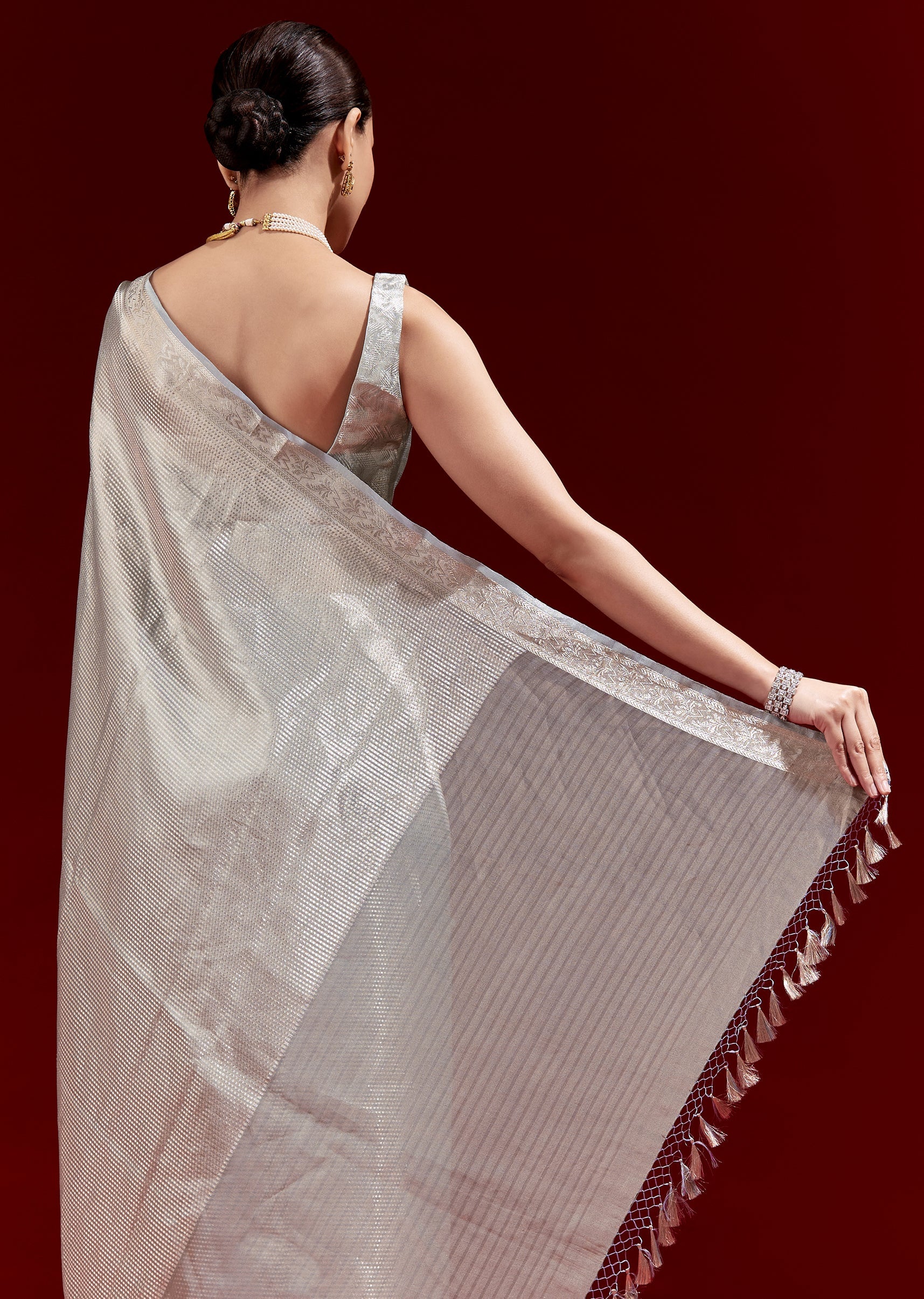 Metallic Blue Banarasi Tissue Saree With Micro Geometric Weave And Floral Woven Border - Image 6