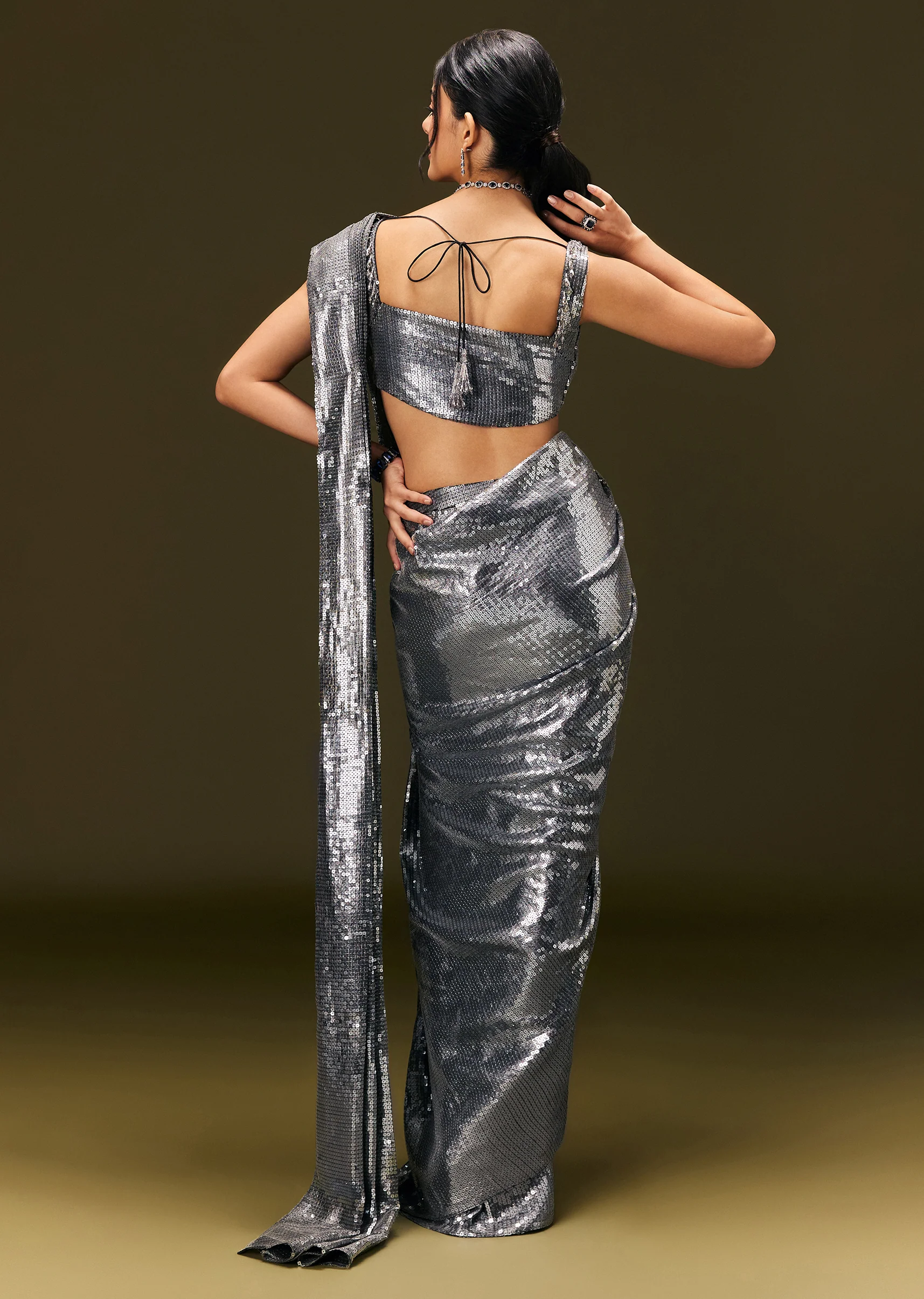 Metallic Grey Pre Stitched Sequin Saree With Cowl Neckline Blouse - Image 5