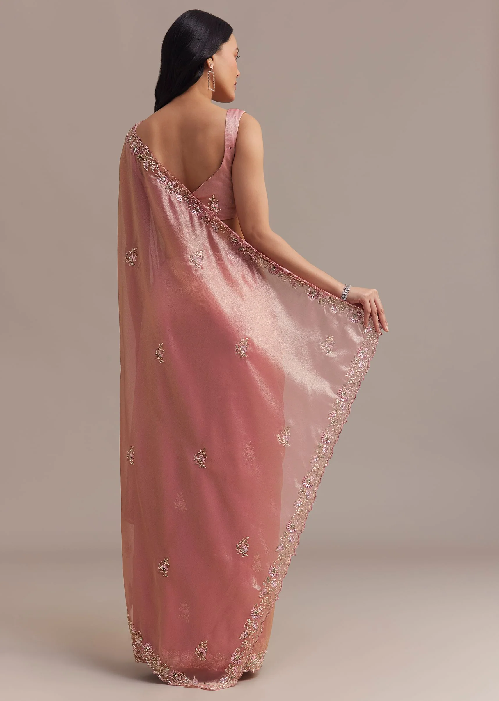 Metallic Pink Organza Tissue Saree With Cutdana And Bead Embroidery - Image 6