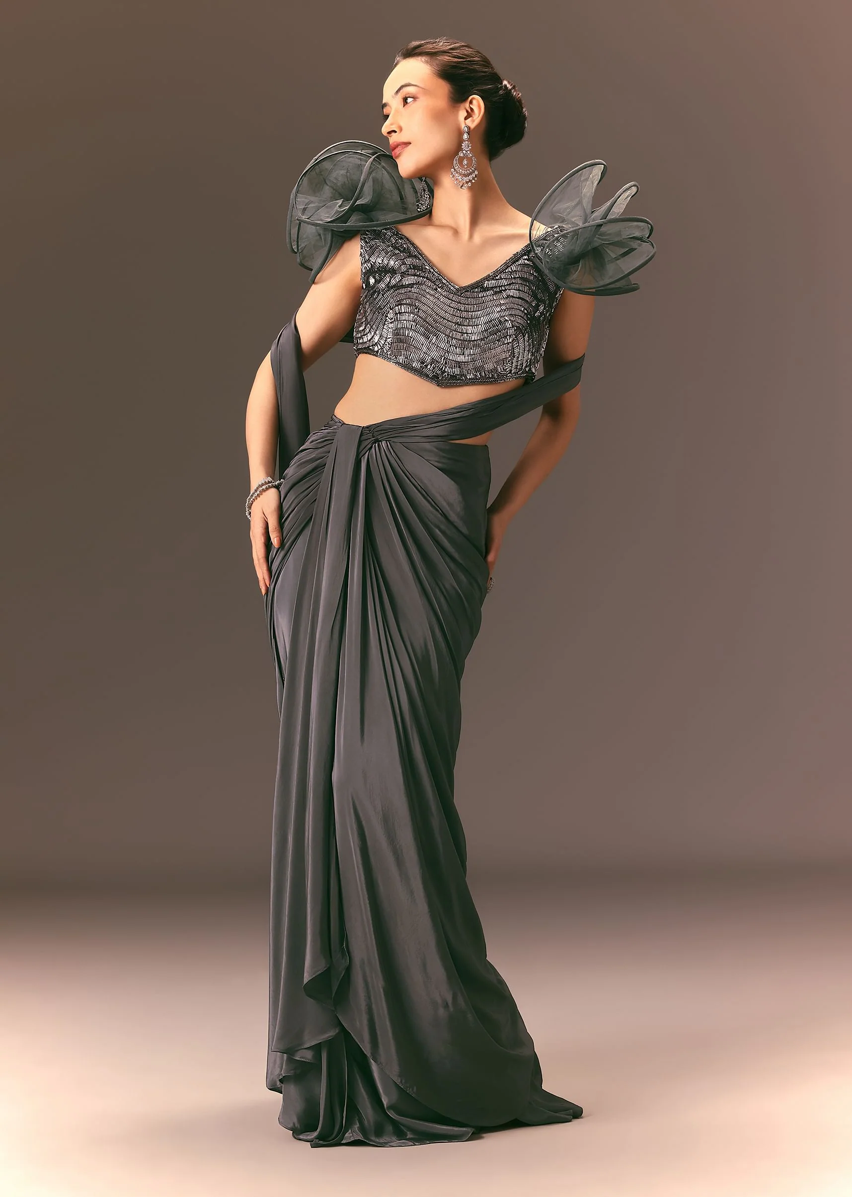 Metallic Pre Draped Saree With 3D Ruffle Blouse