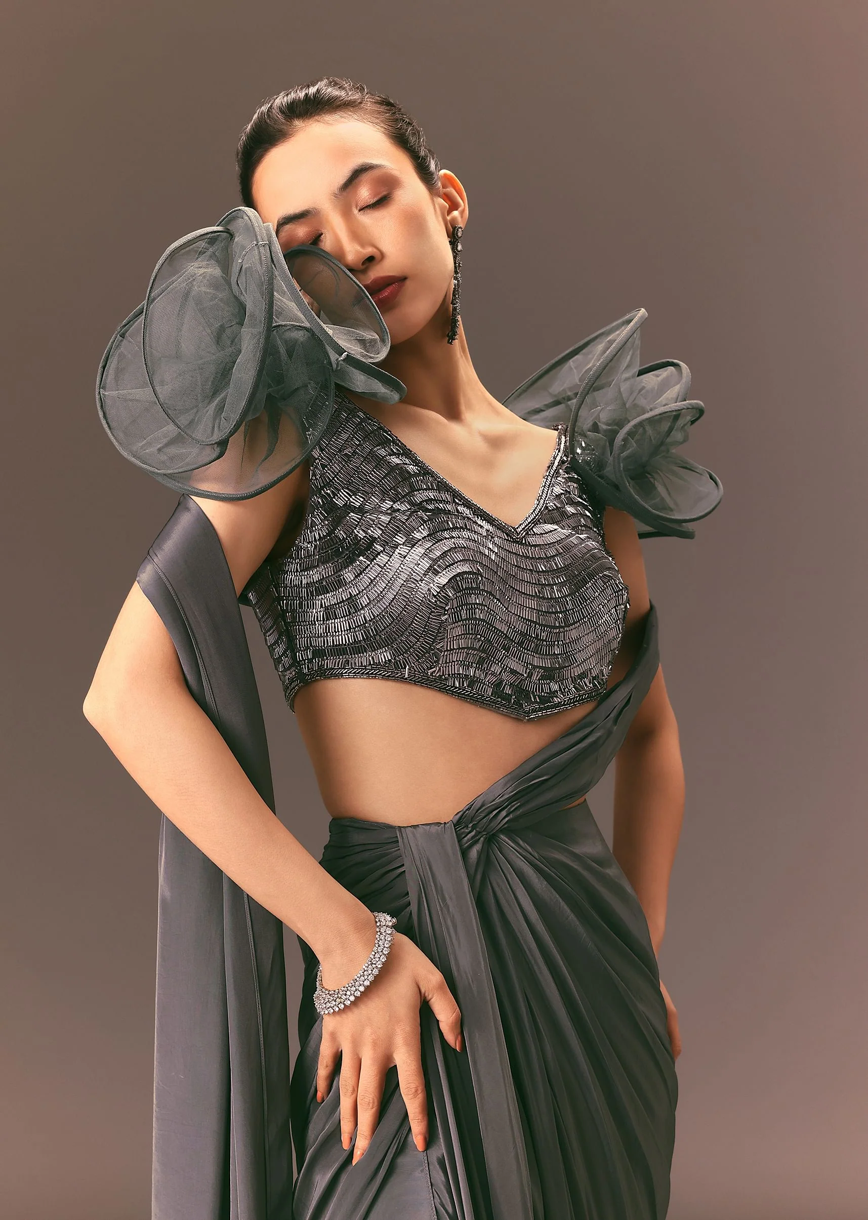 Metallic Pre Draped Saree With 3D Ruffle Blouse - Image 5