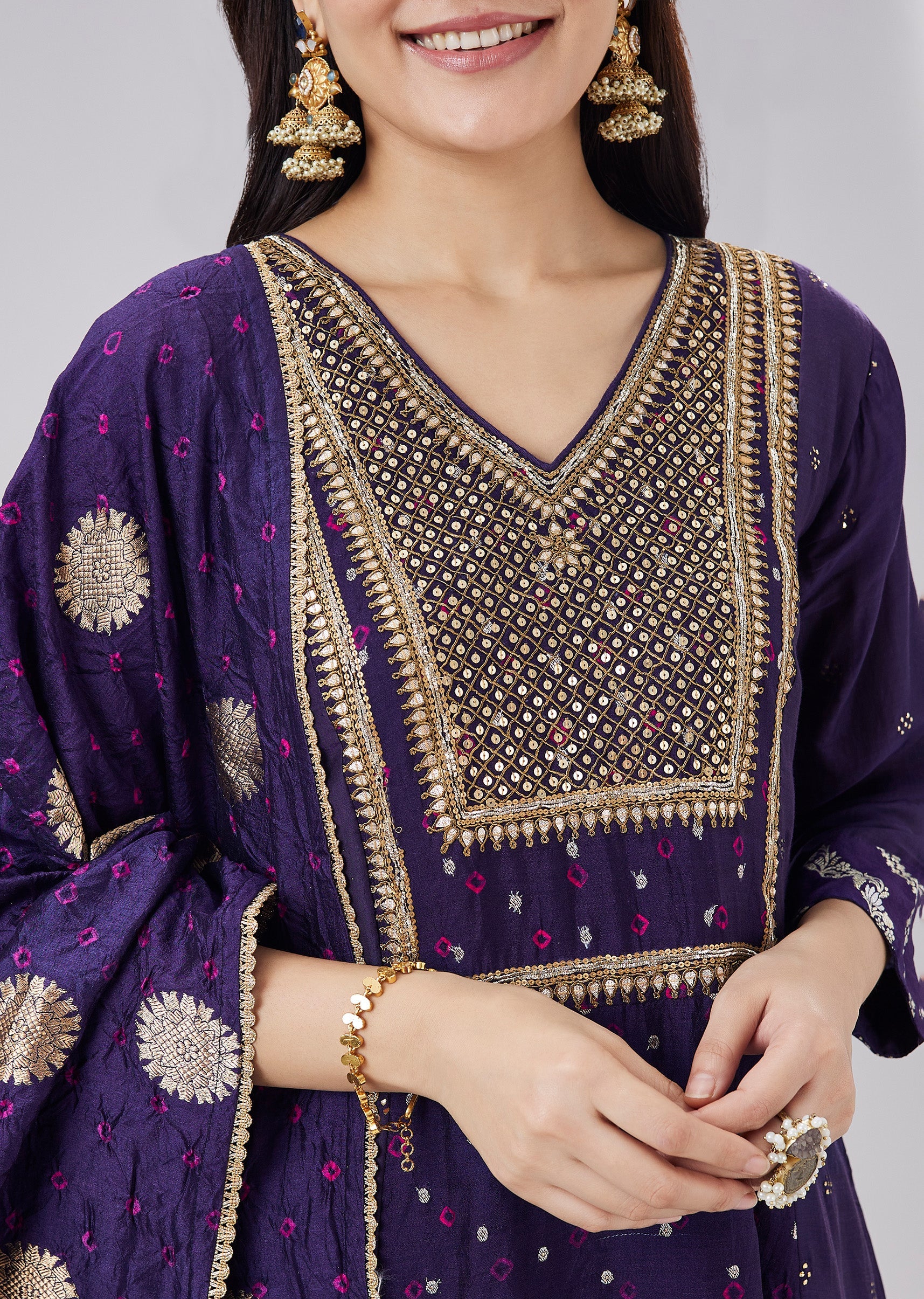 Midnight Blue Banarasi Bandhani Silk Anarkali With Mukaish Work - Image 2