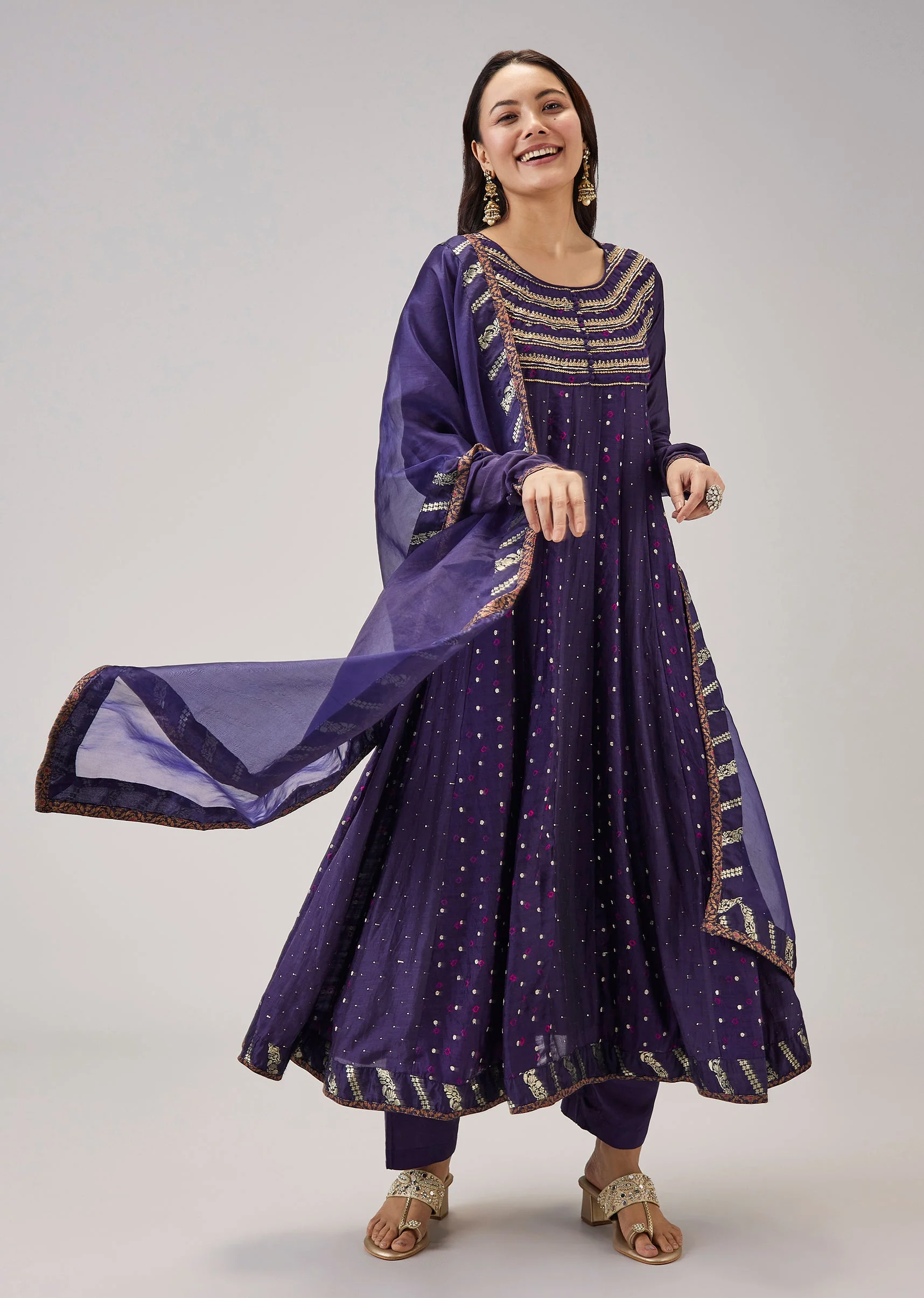 Midnight Blue Bandhani Printed Banarasi Silk Anarkali Set With Dupatta