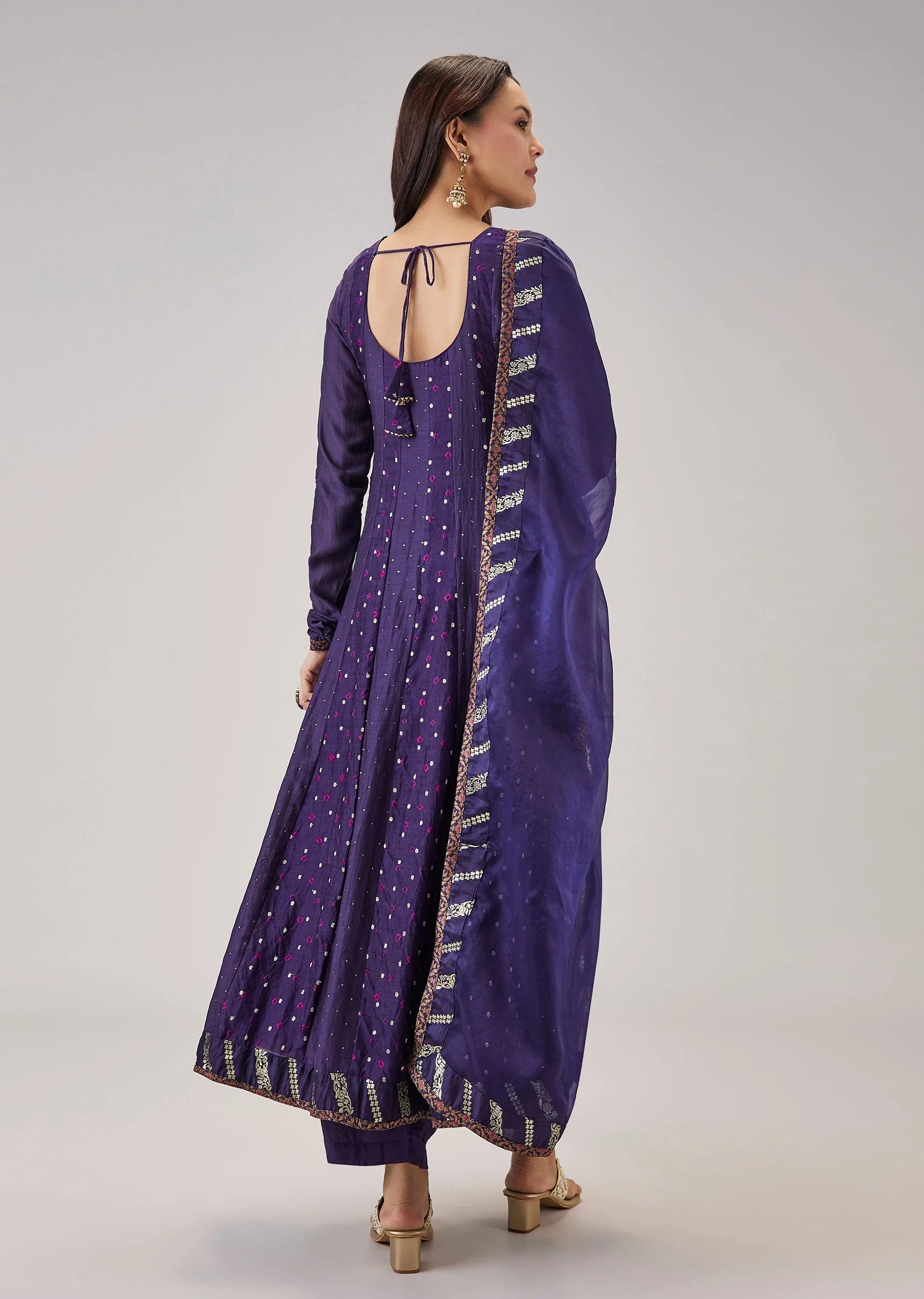 Midnight Blue Bandhani Printed Banarasi Silk Anarkali Set With Dupatta - Image 5