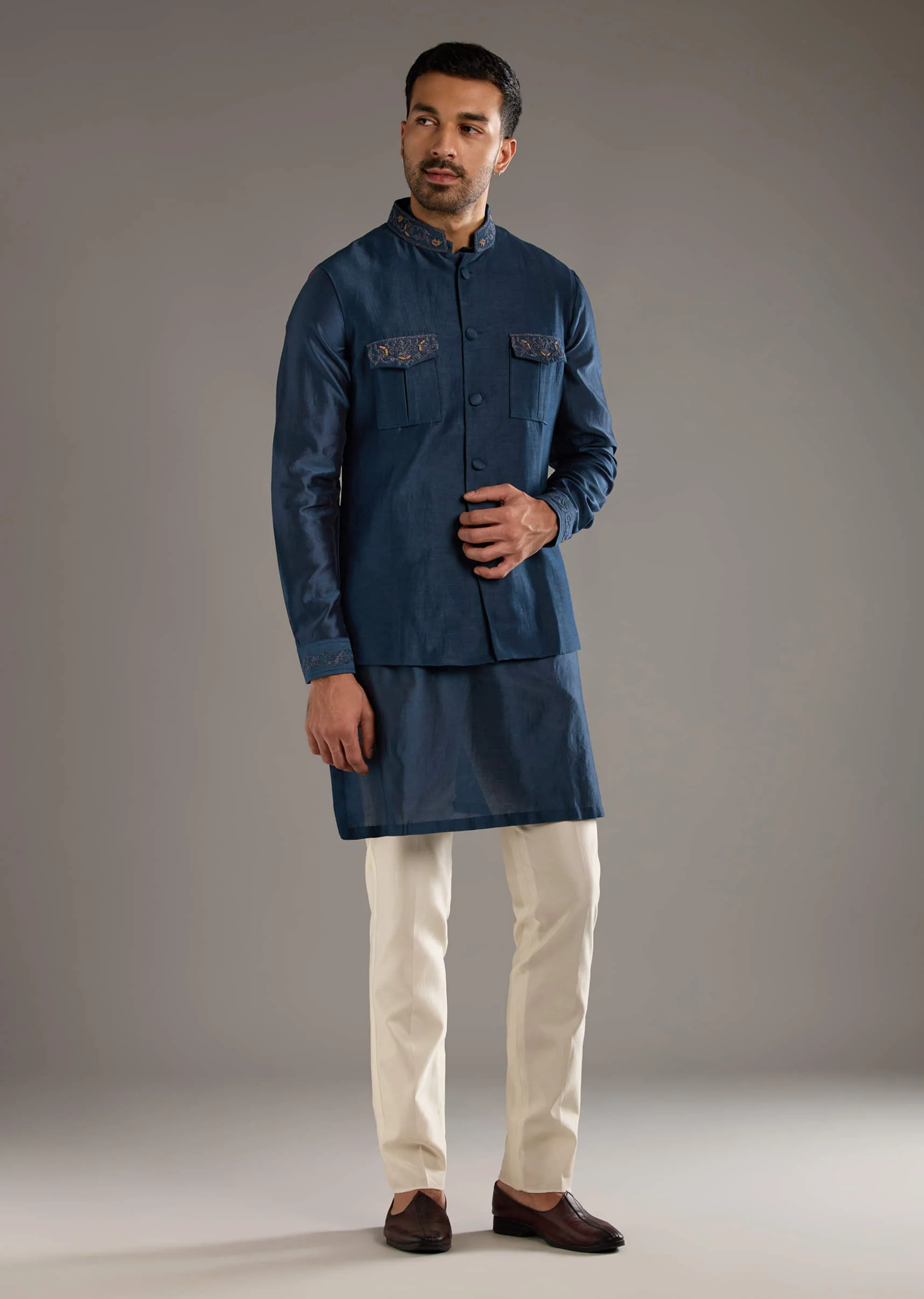 Midnight Blue Chanderi Linen Kurta Jacket Set For Men With Dori Work - Image 3