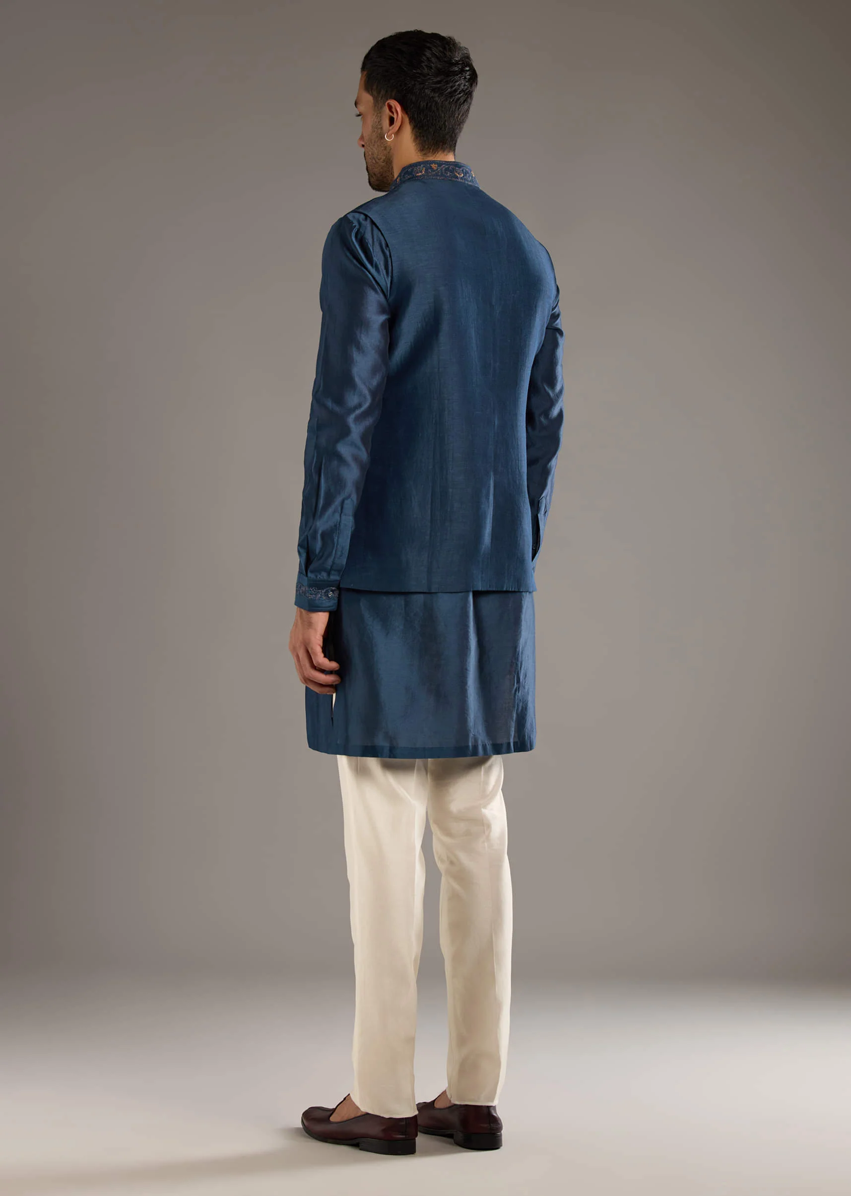 Midnight Blue Chanderi Linen Kurta Jacket Set For Men With Dori Work - Image 5