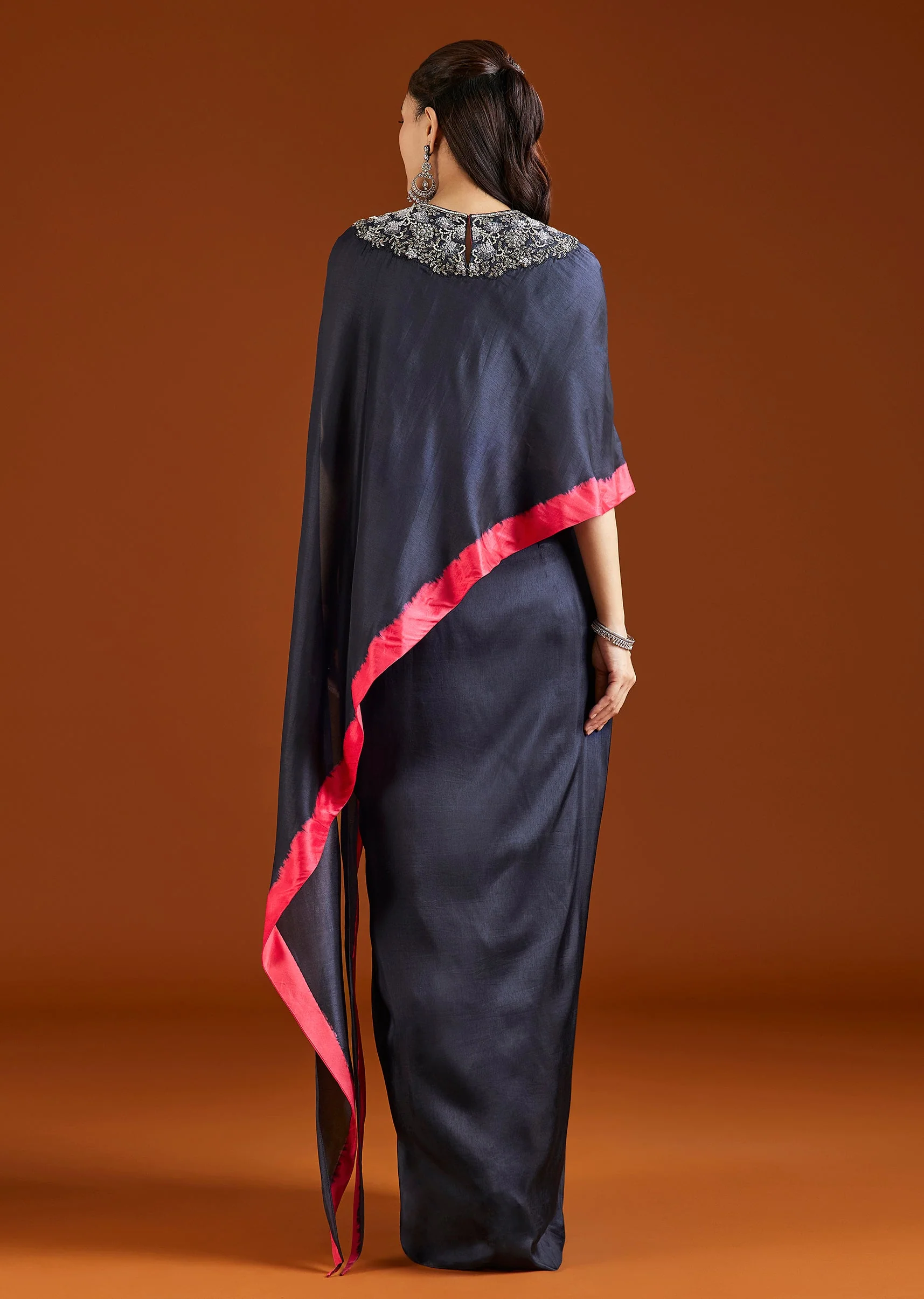 Midnight Blue Embellished Silk Blend Crop Top Skirt Set - Image 5