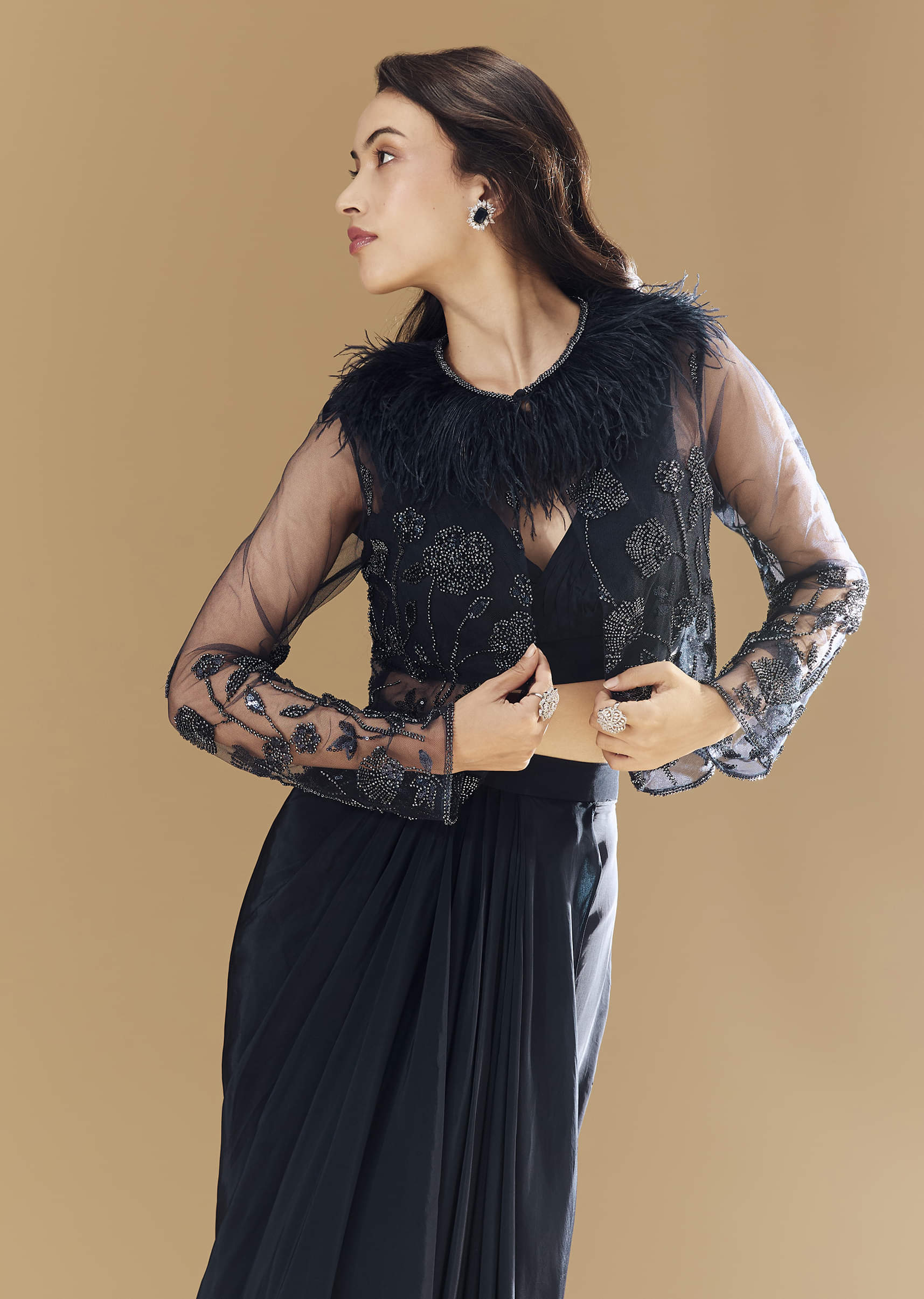 Midnight Blue Feather Embellished Crop Top Skirt Set with Jacket - Image 5