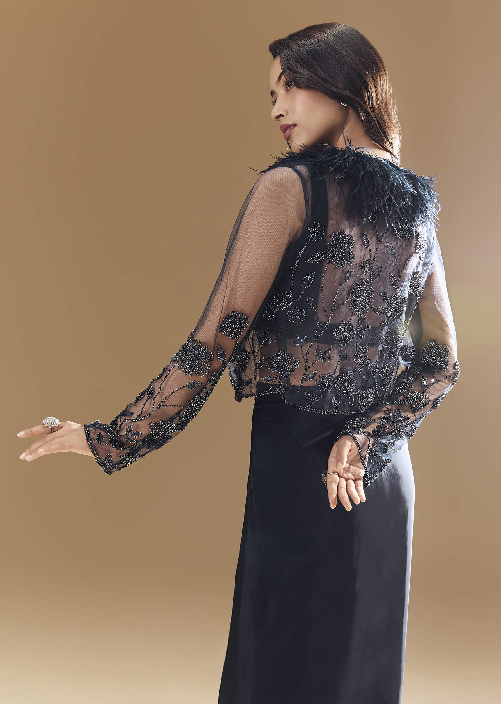 Midnight Blue Feather Embellished Crop Top Skirt Set with Jacket - Image 6