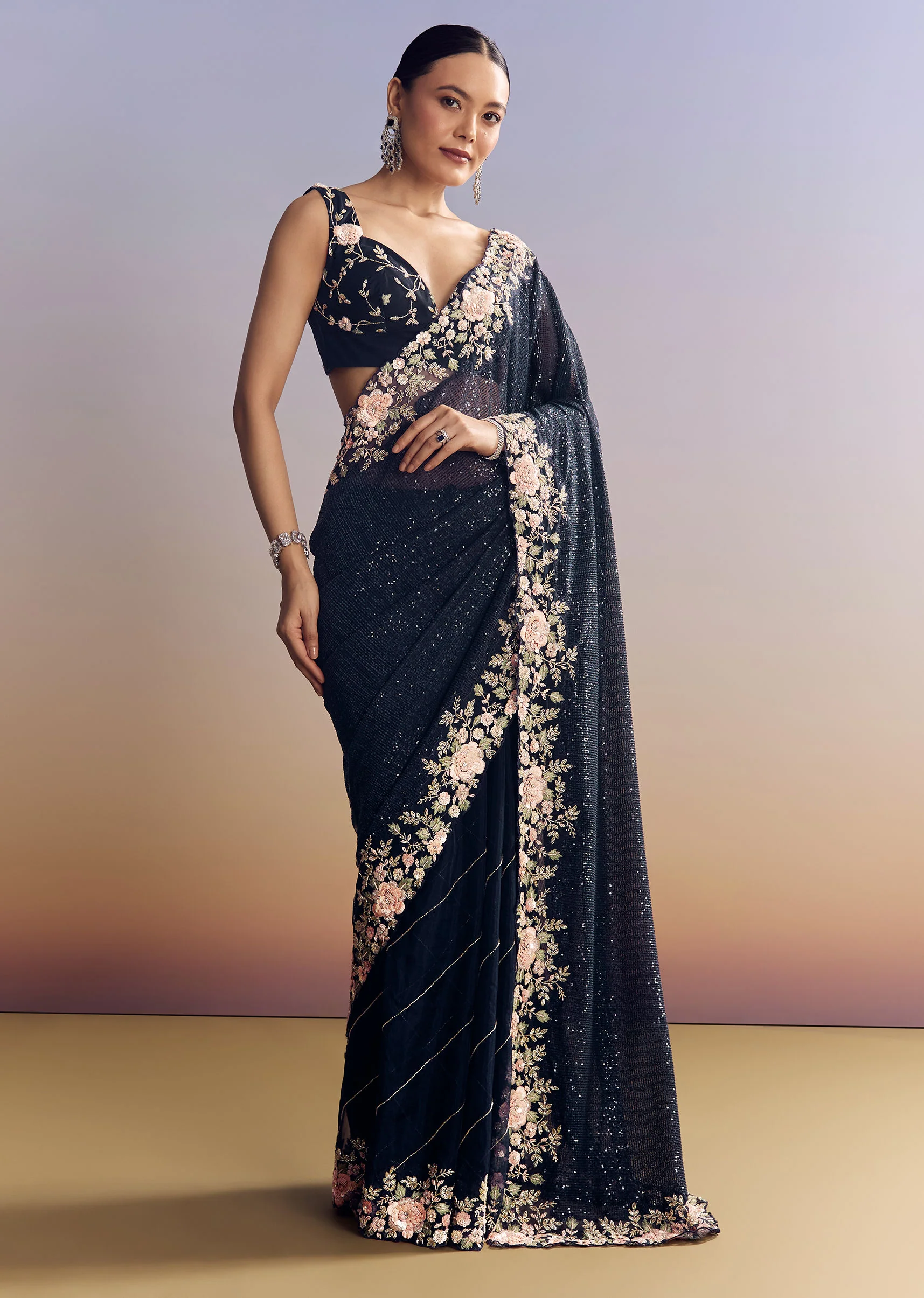 Midnight Blue Half And Half Saree With Floral Sequin Embroidery - Image 3