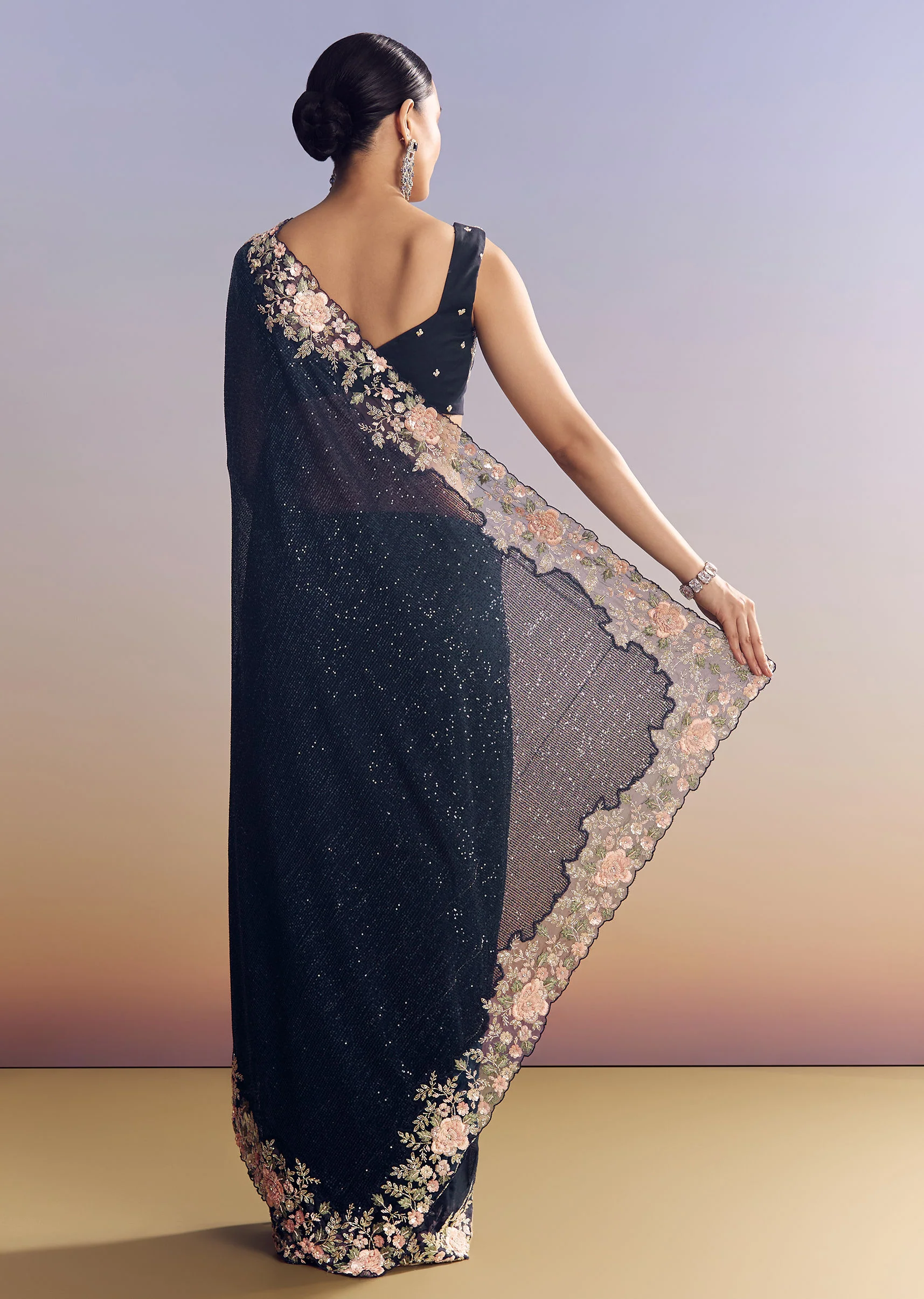 Midnight Blue Half And Half Saree With Floral Sequin Embroidery - Image 6