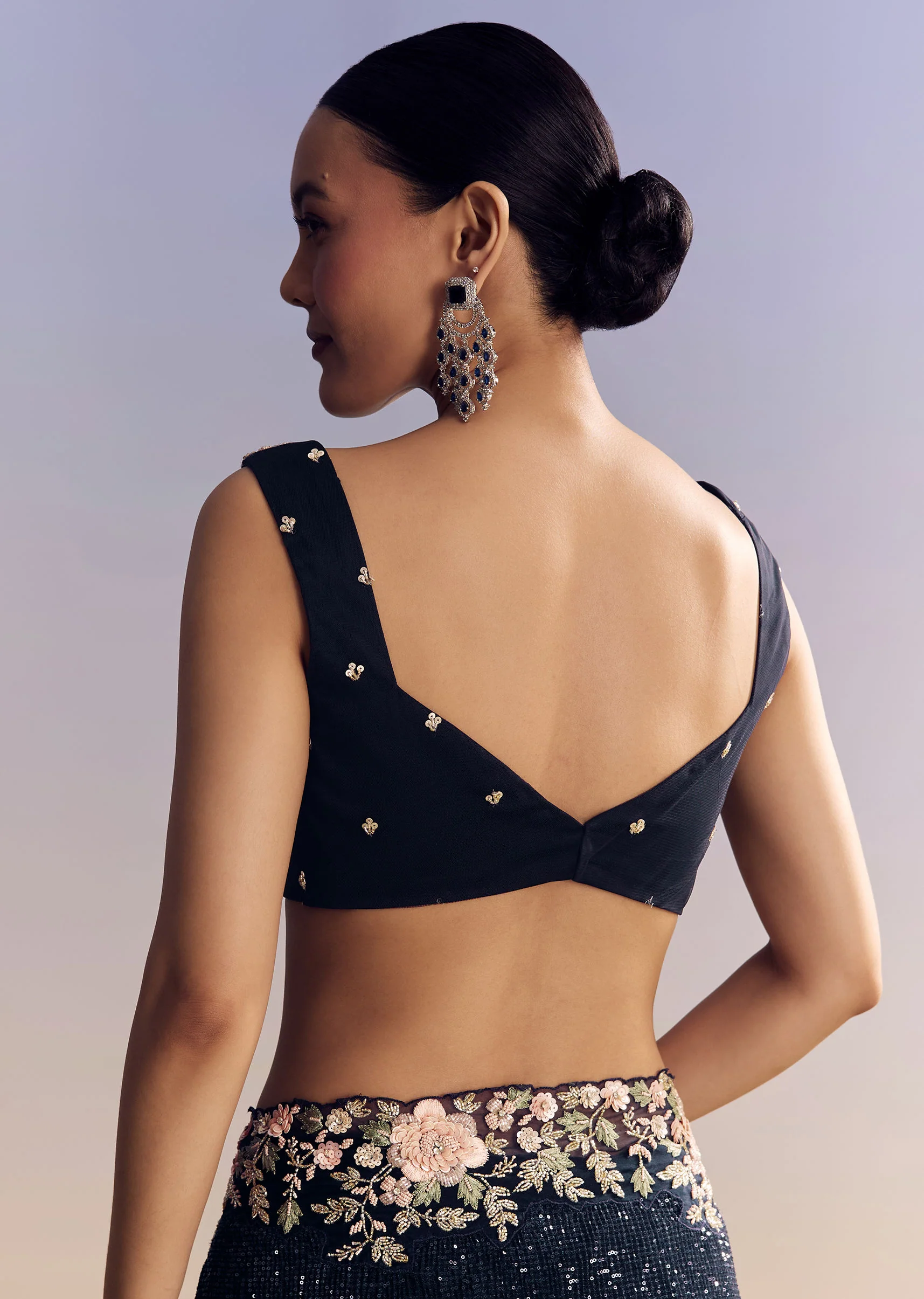 Midnight Blue Half And Half Saree With Floral Sequin Embroidery - Image 8