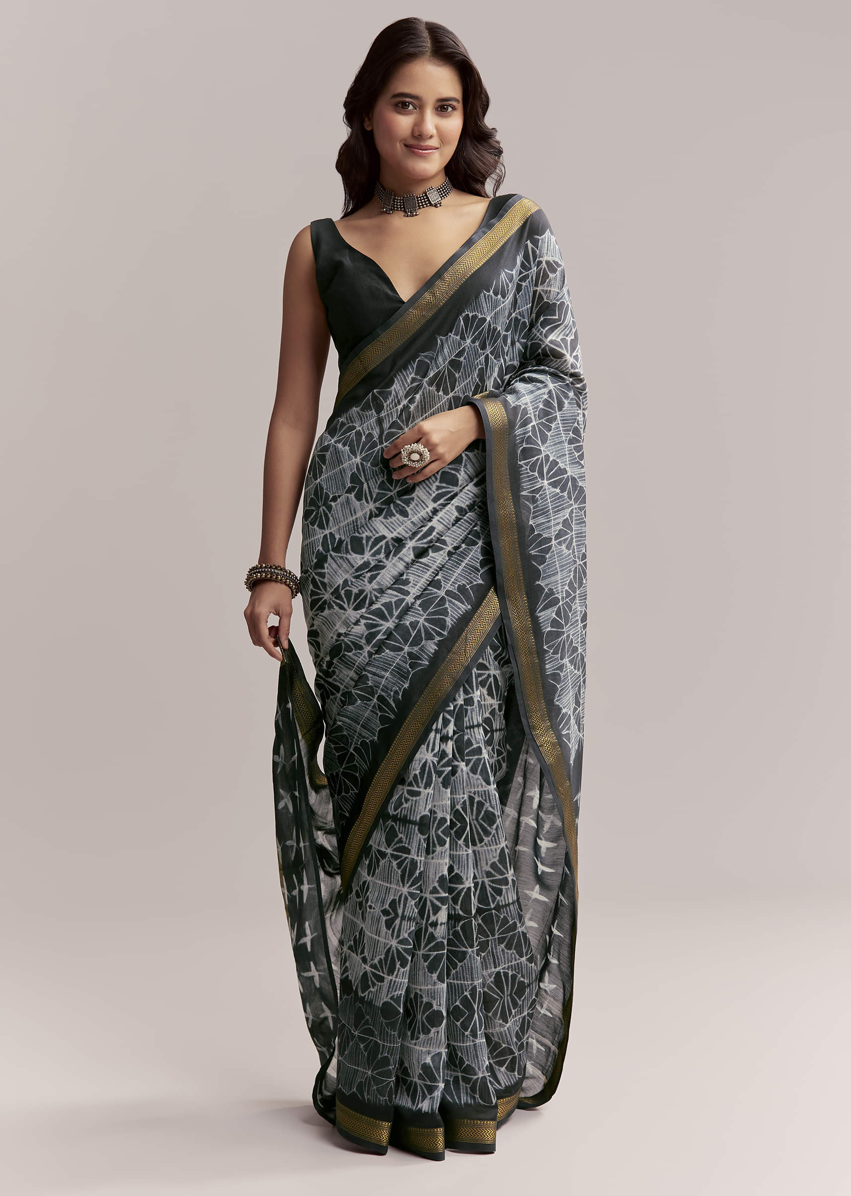 Midnight Blue Linen Printed Saree With Hand Dyed Shibori Print - Image 3