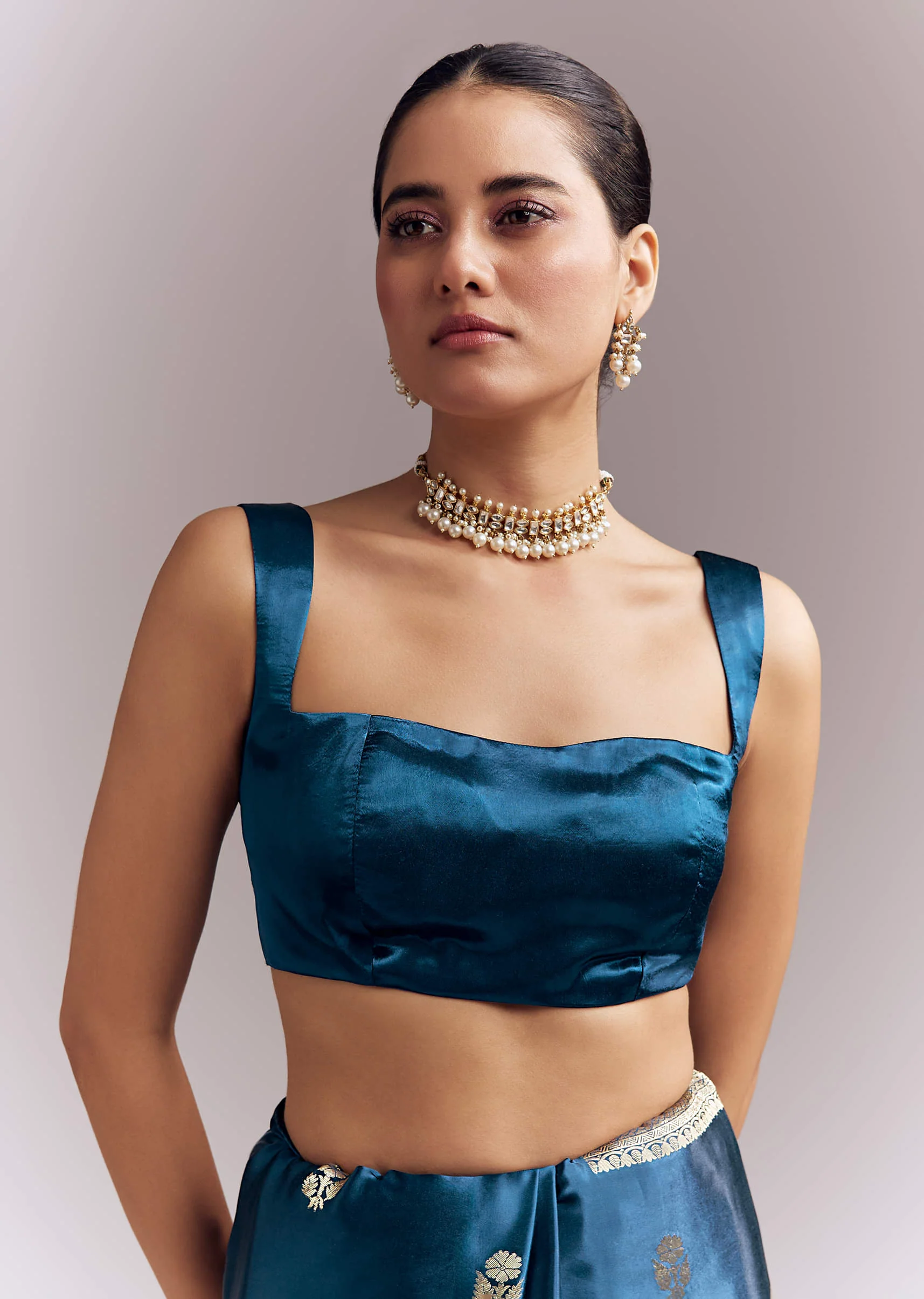 Midnight Blue Satin Woven Saree With Delicate Hand Embroidery - Image 8
