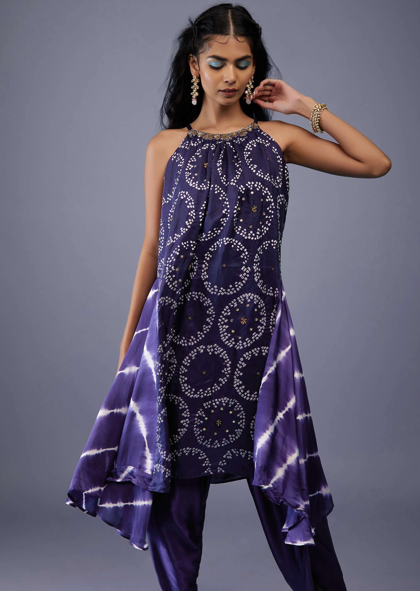 Midnight Blue Silk Bandhani Top With Tie-Dye Side Panel And Silk Dhoti Pants - Image 4