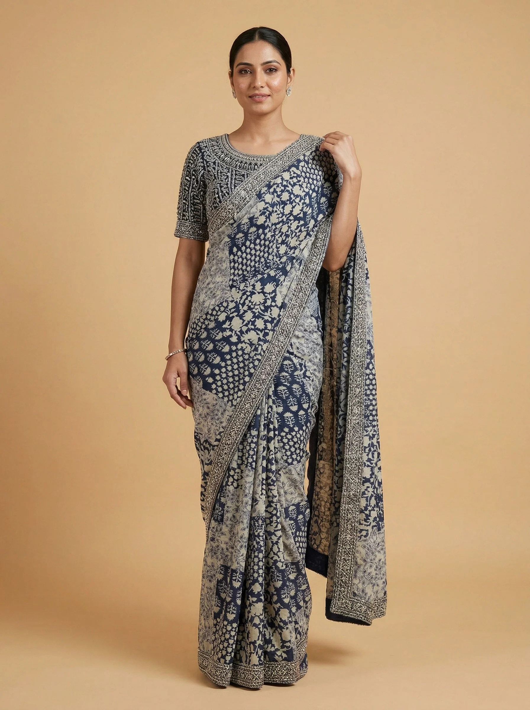 Midnight Navy Blue Embroidered Saree