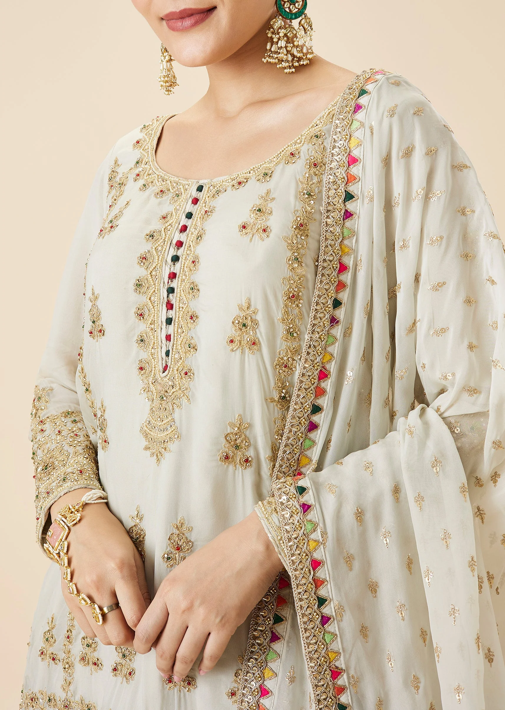 Mint Blue Embroidered Kurta Lehenga Set - Image 3