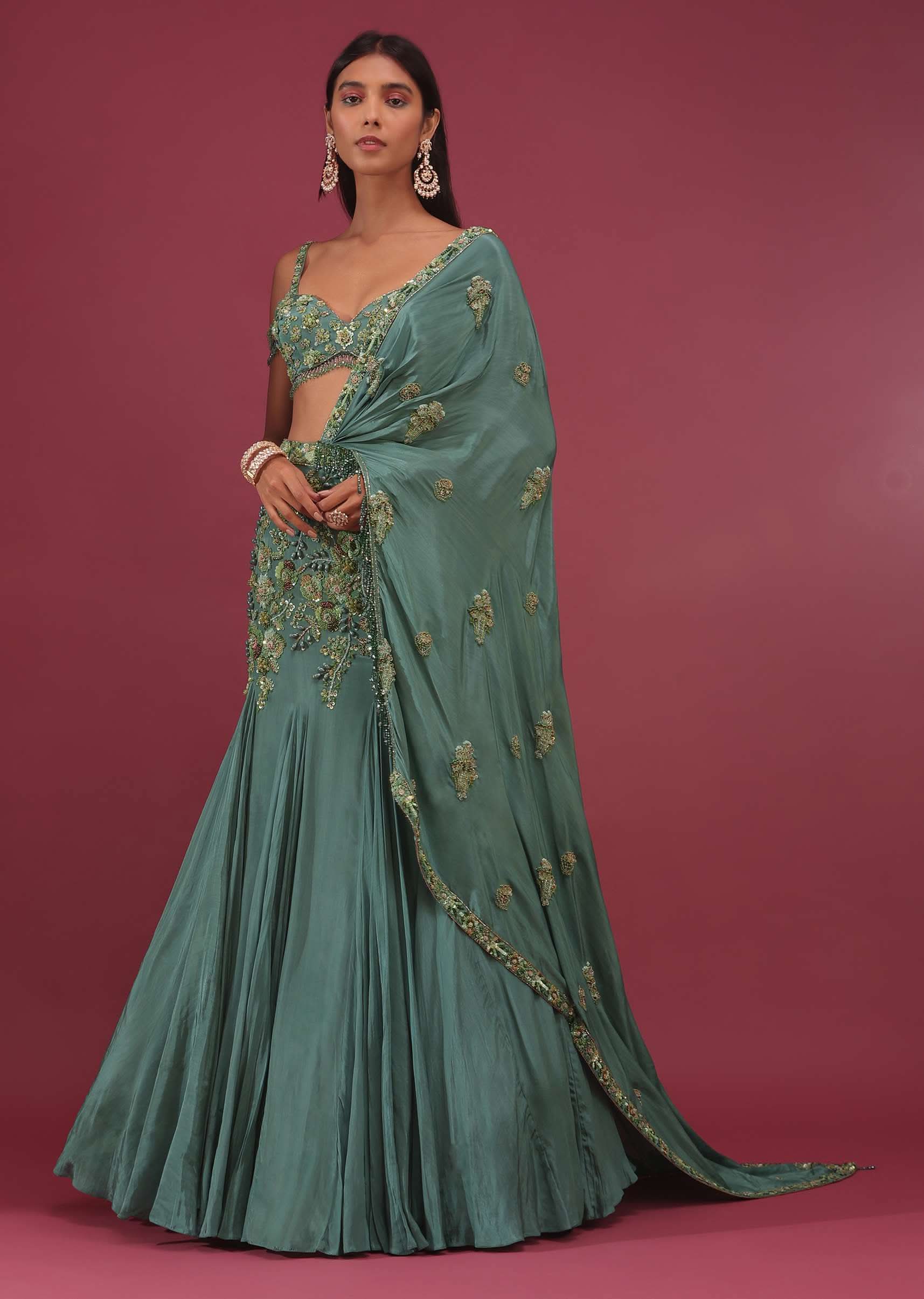 Mint Blue Lehenga Set In Pure Crepe Embroidered With Attached Dupatta - NOOR 2022 - Image 3
