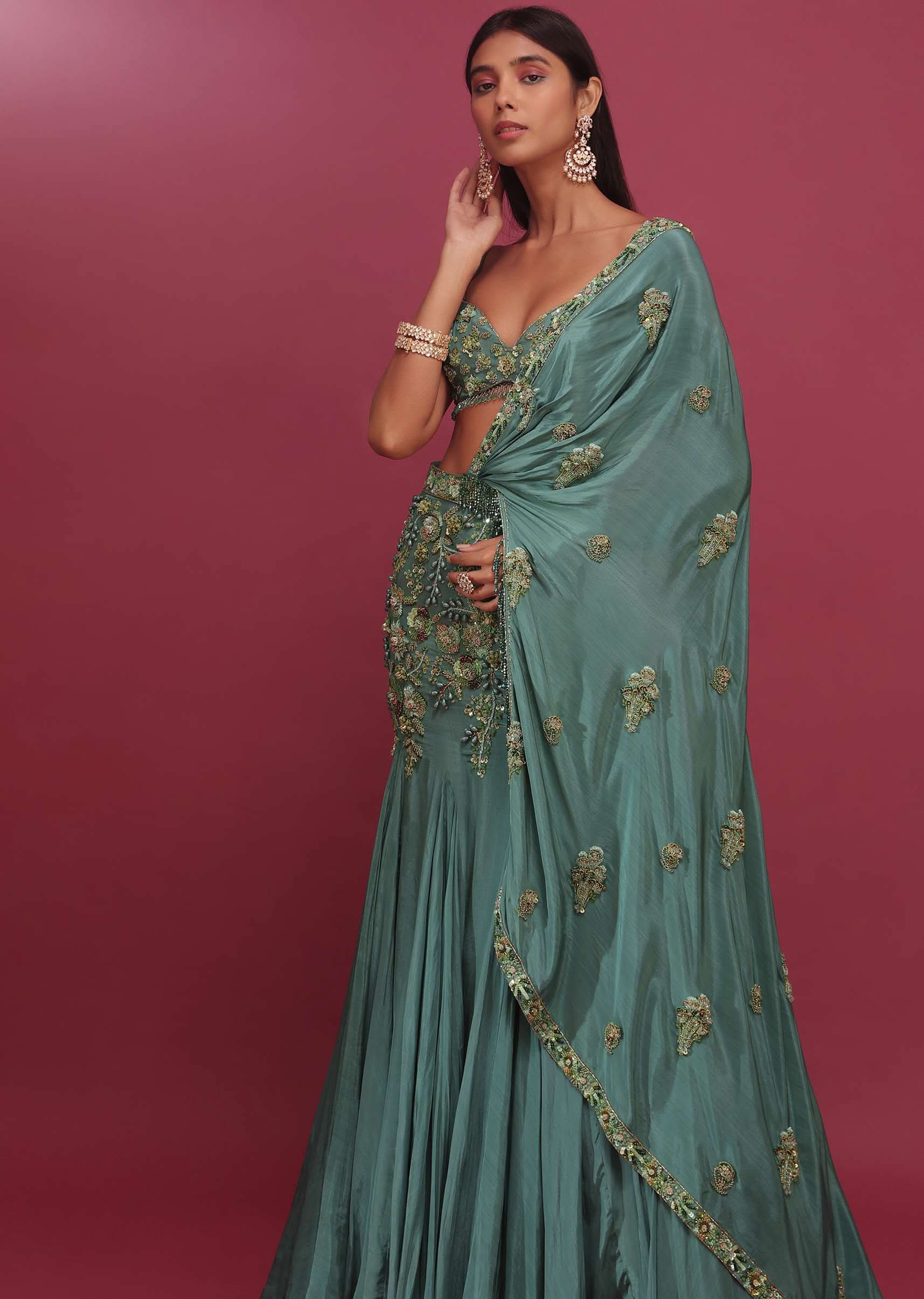 Mint Blue Lehenga Set In Pure Crepe Embroidered With Attached Dupatta - NOOR 2022 - Image 5
