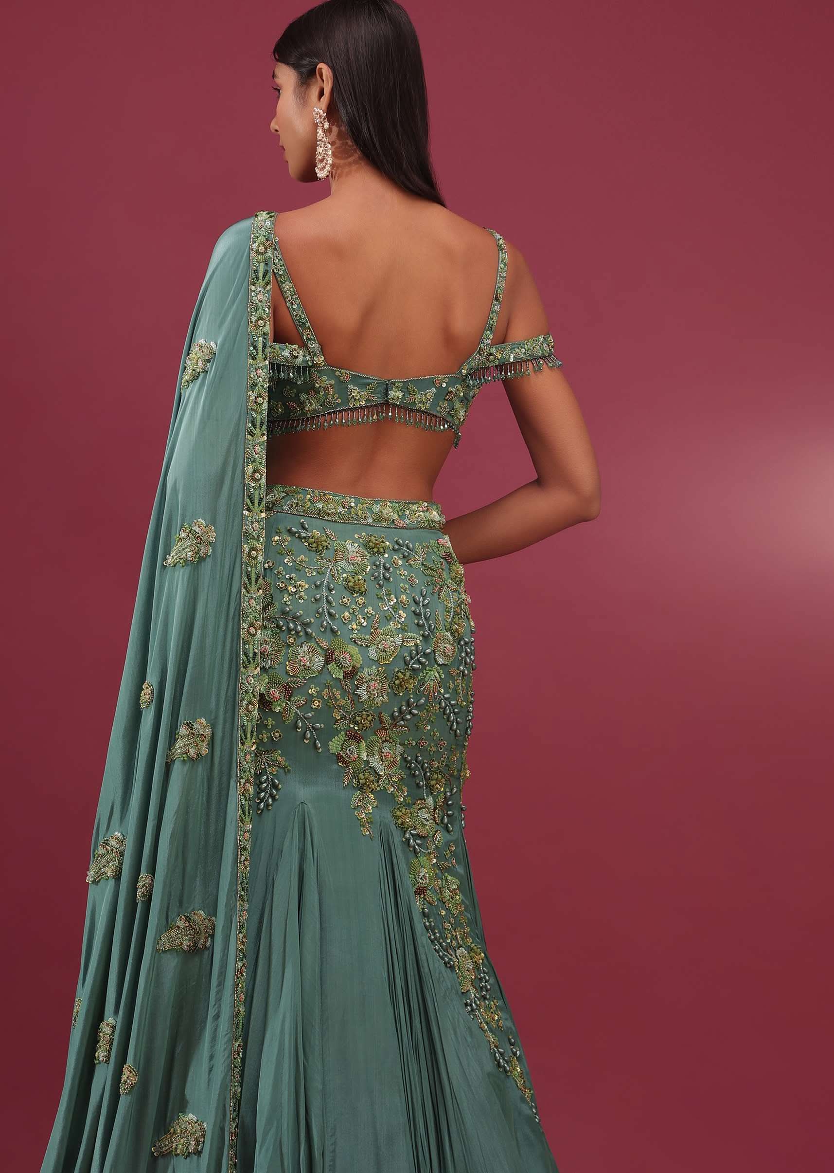 Mint Blue Lehenga Set In Pure Crepe Embroidered With Attached Dupatta - NOOR 2022 - Image 7