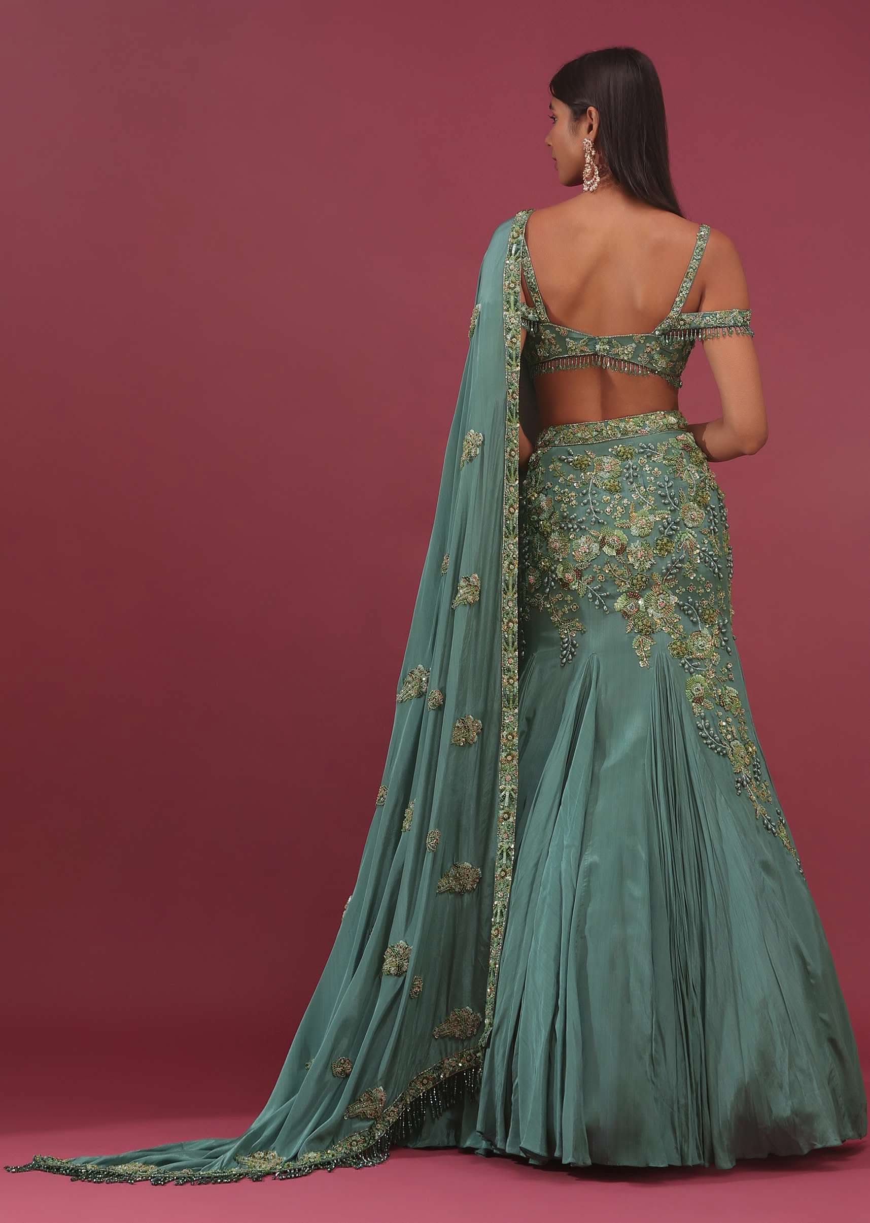 Mint Blue Lehenga Set In Pure Crepe Embroidered With Attached Dupatta - NOOR 2022 - Image 8