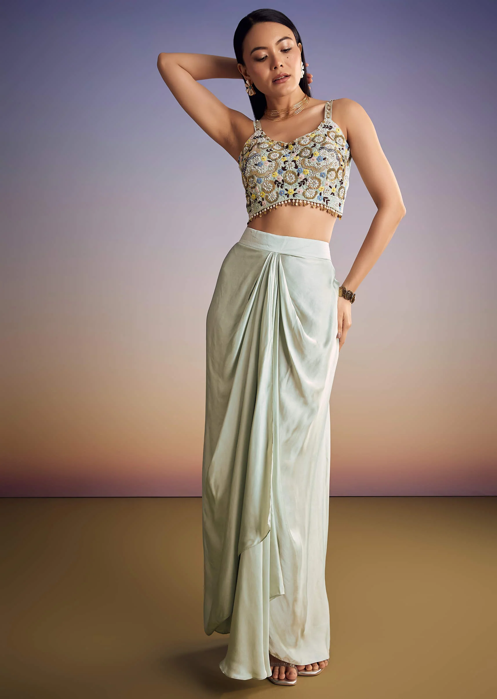 Mint Blue Organza Cape Set With Sequins And Thread Work - Image 6