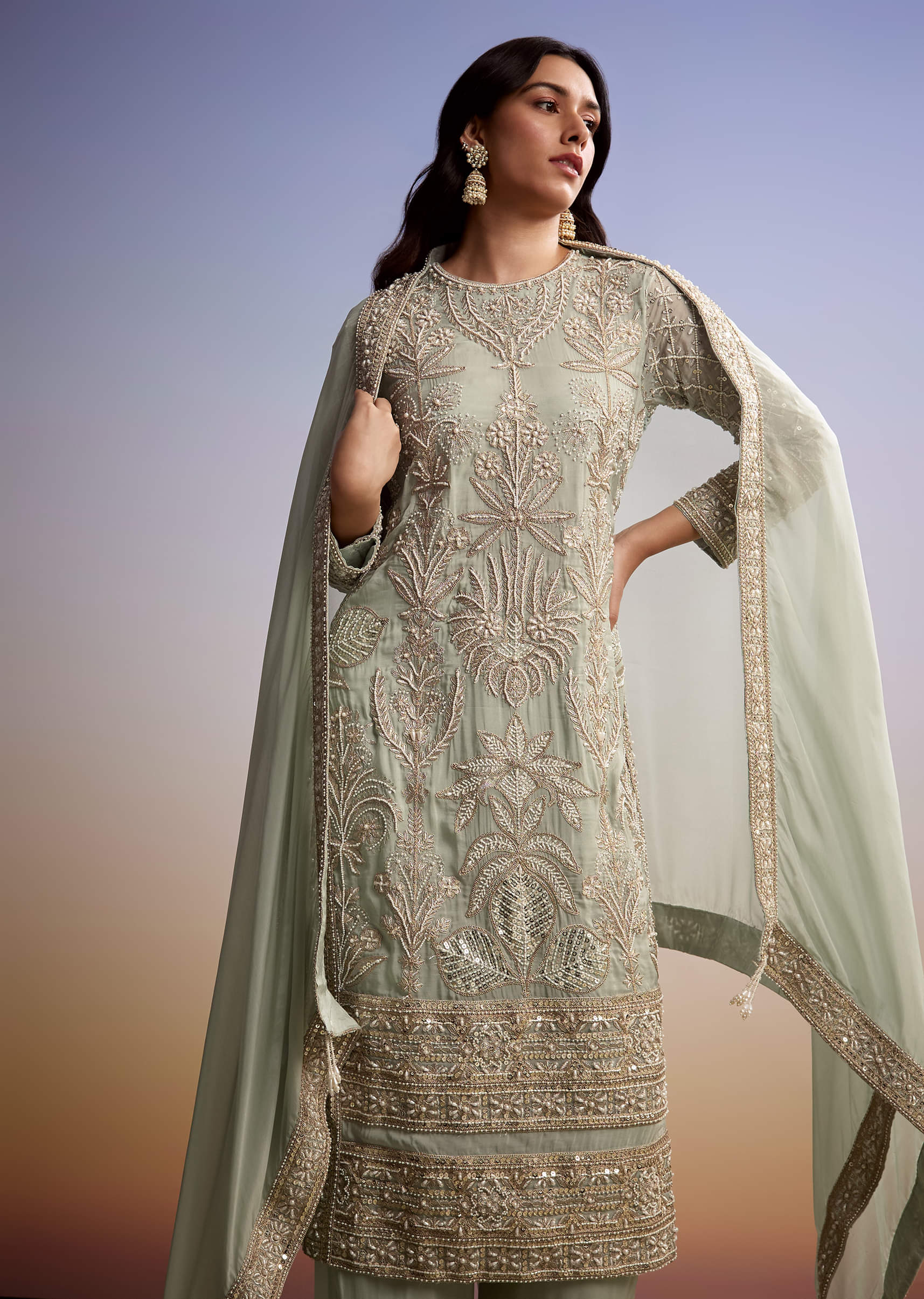 Mint Blue Organza Palazzo Suit With Zari And Moti Embroidery - Image 4
