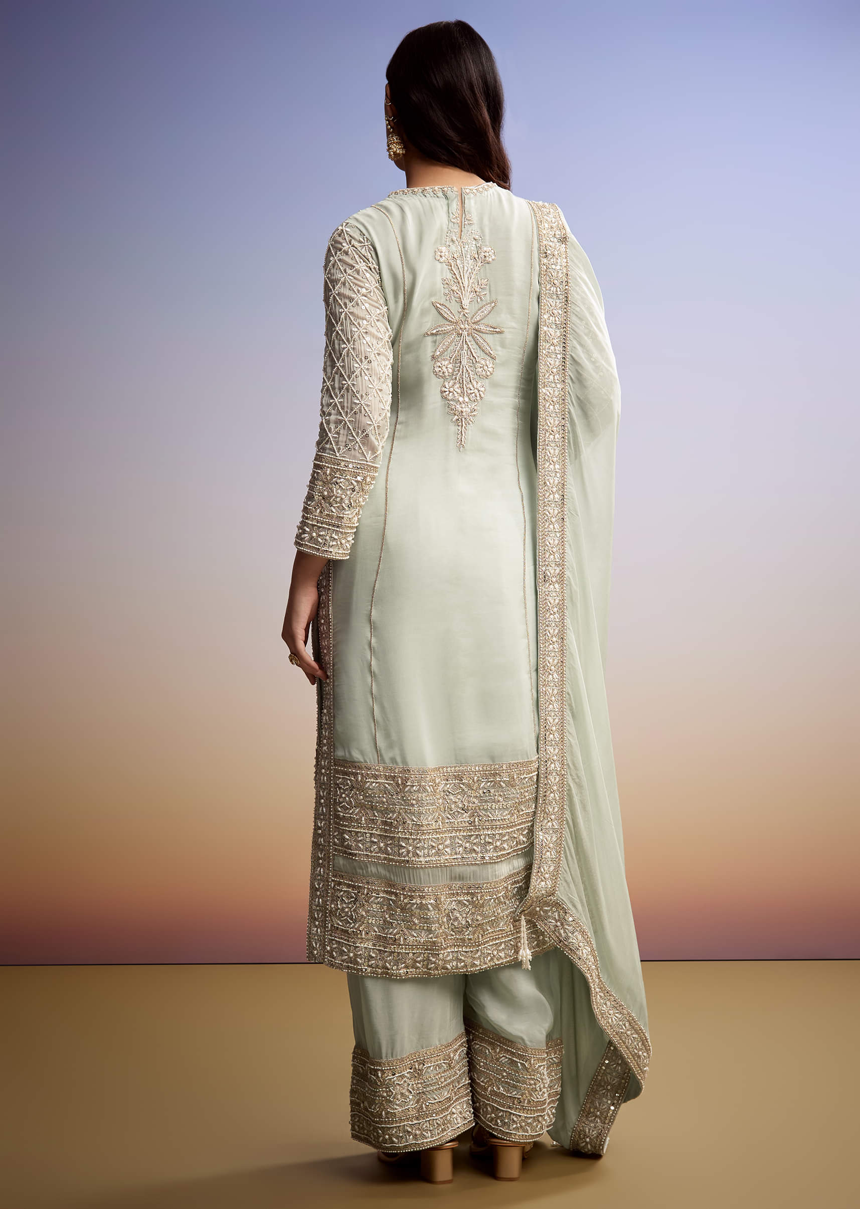 Mint Blue Organza Palazzo Suit With Zari And Moti Embroidery - Image 5