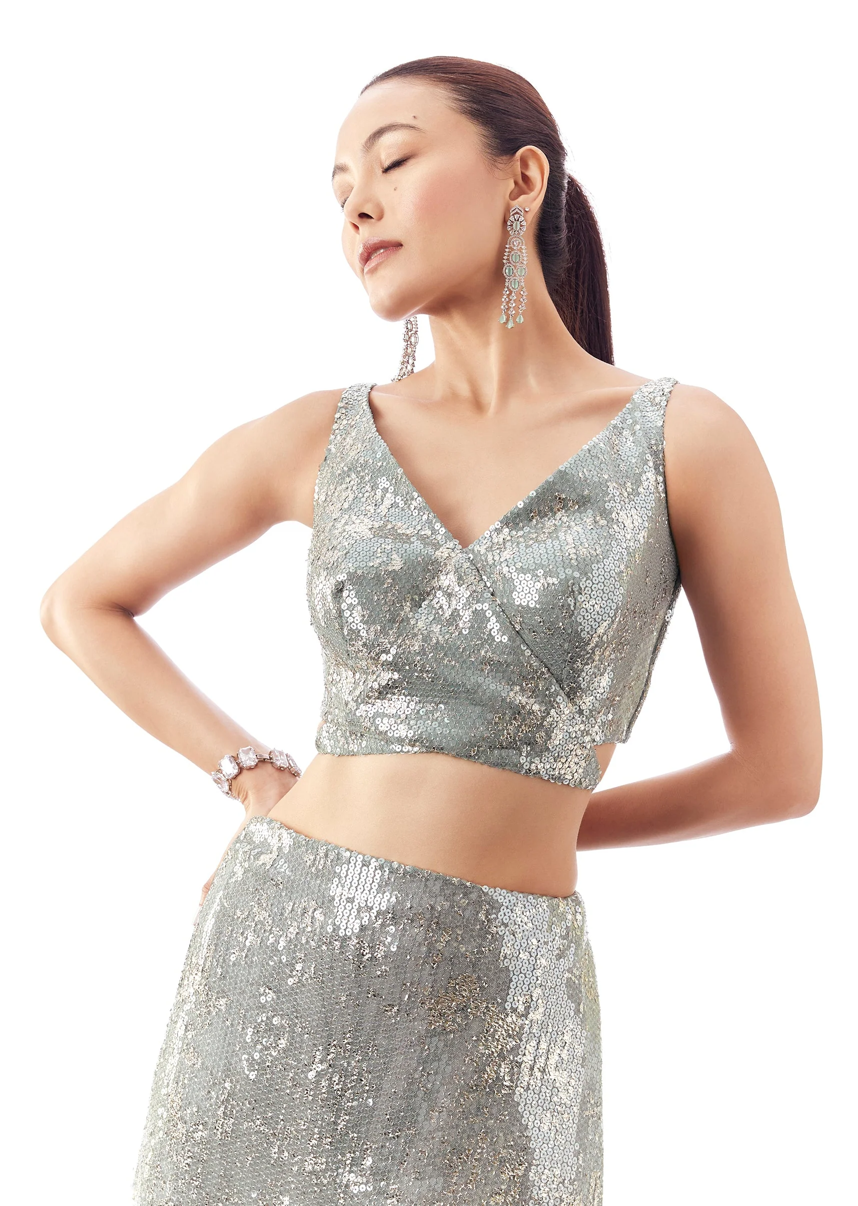 Mint Blue Overlap V Neck Blouse With Two Back Dori - Image 2