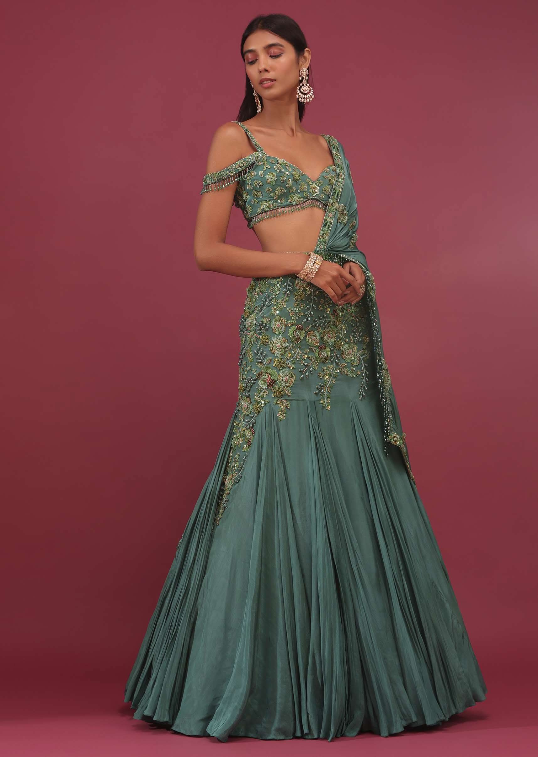 Mint Blue Pure Crepe Pleated Lehenga Set With Attached Dupatta - NOOR 2022 - Image 2