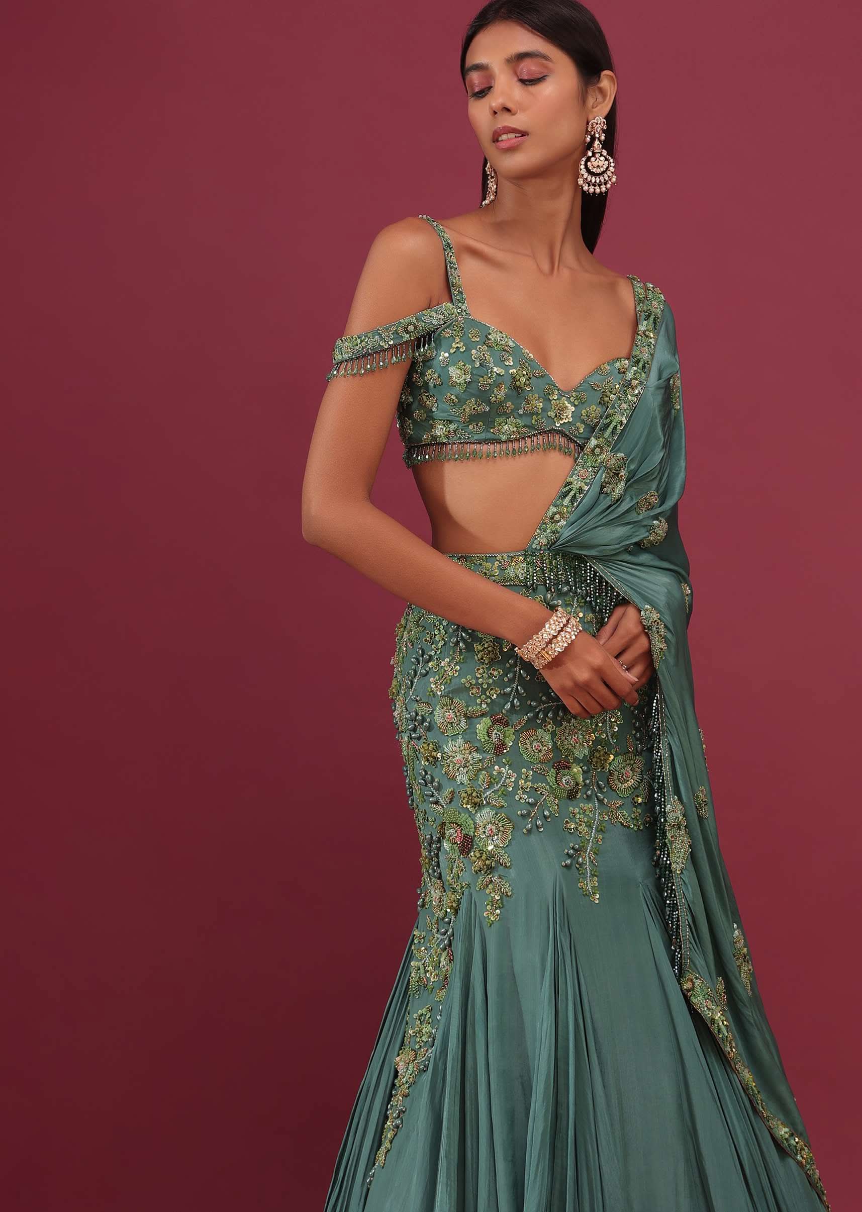 Mint Blue Pure Crepe Pleated Lehenga Set With Attached Dupatta - NOOR 2022 - Image 4