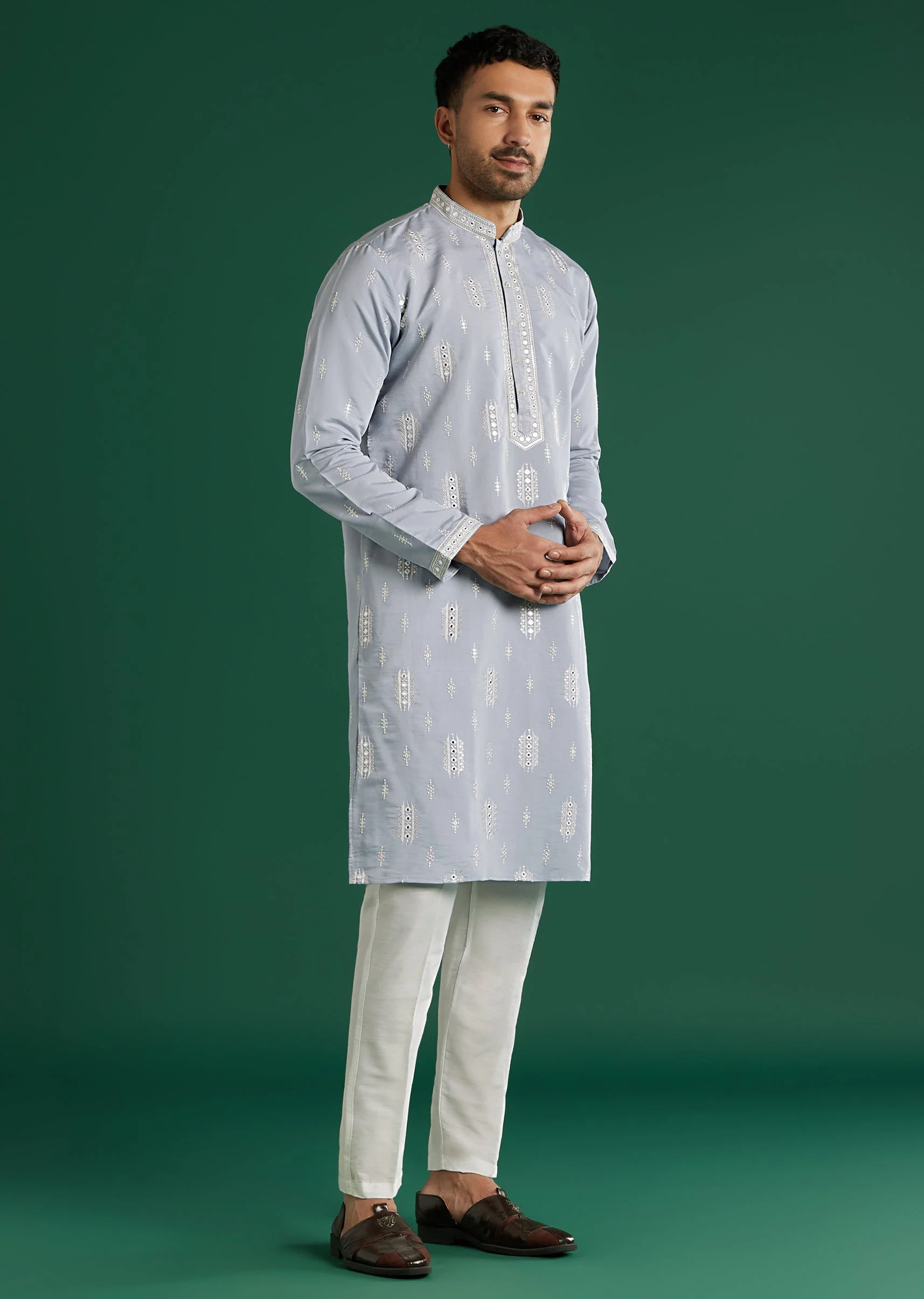 Mint Blue Silk Kurta Set For Men With Resham And Mirror Embroidery - Image 3