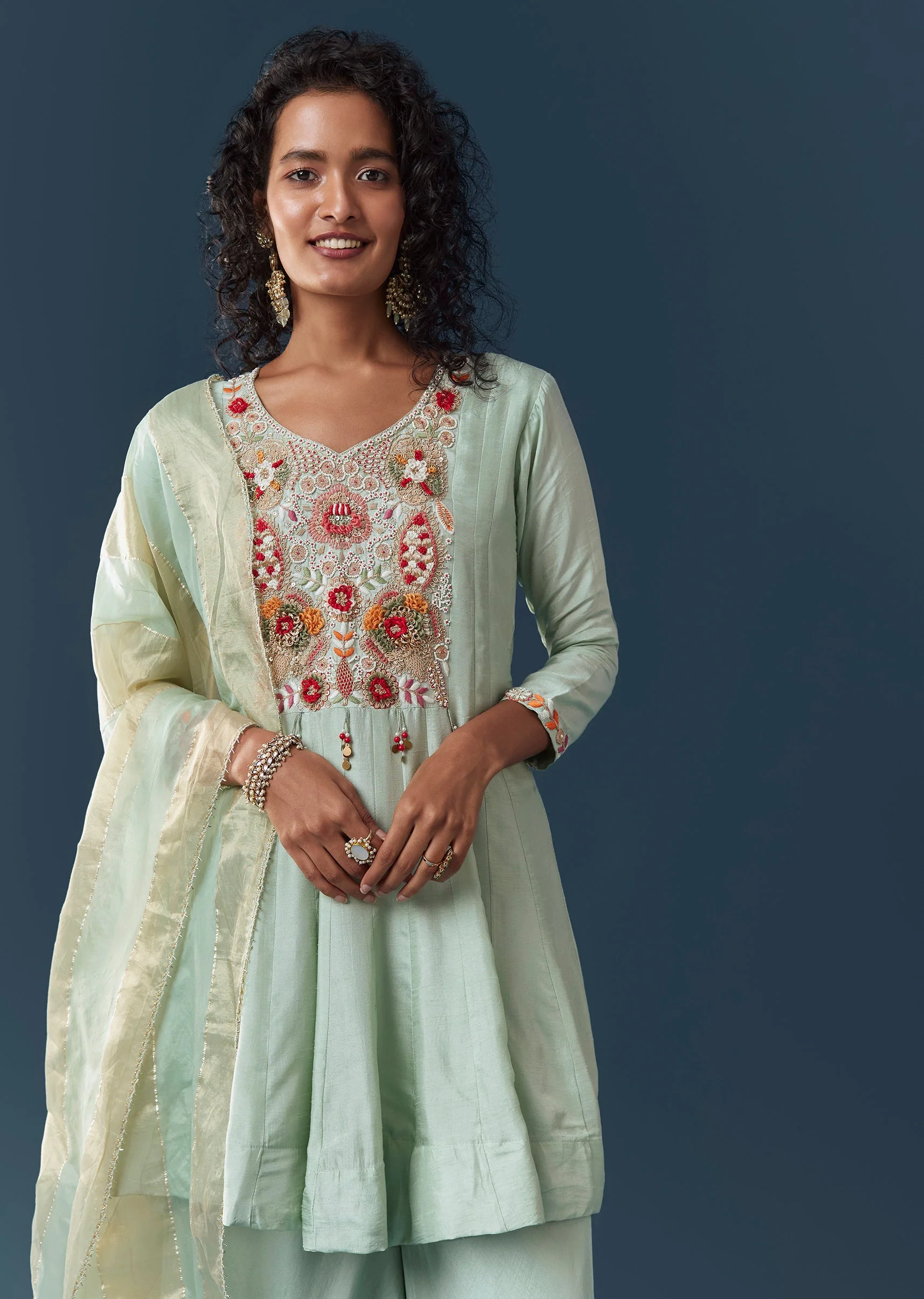 Mint Blue Silk Palazzo Set With Dupatta - Image 4