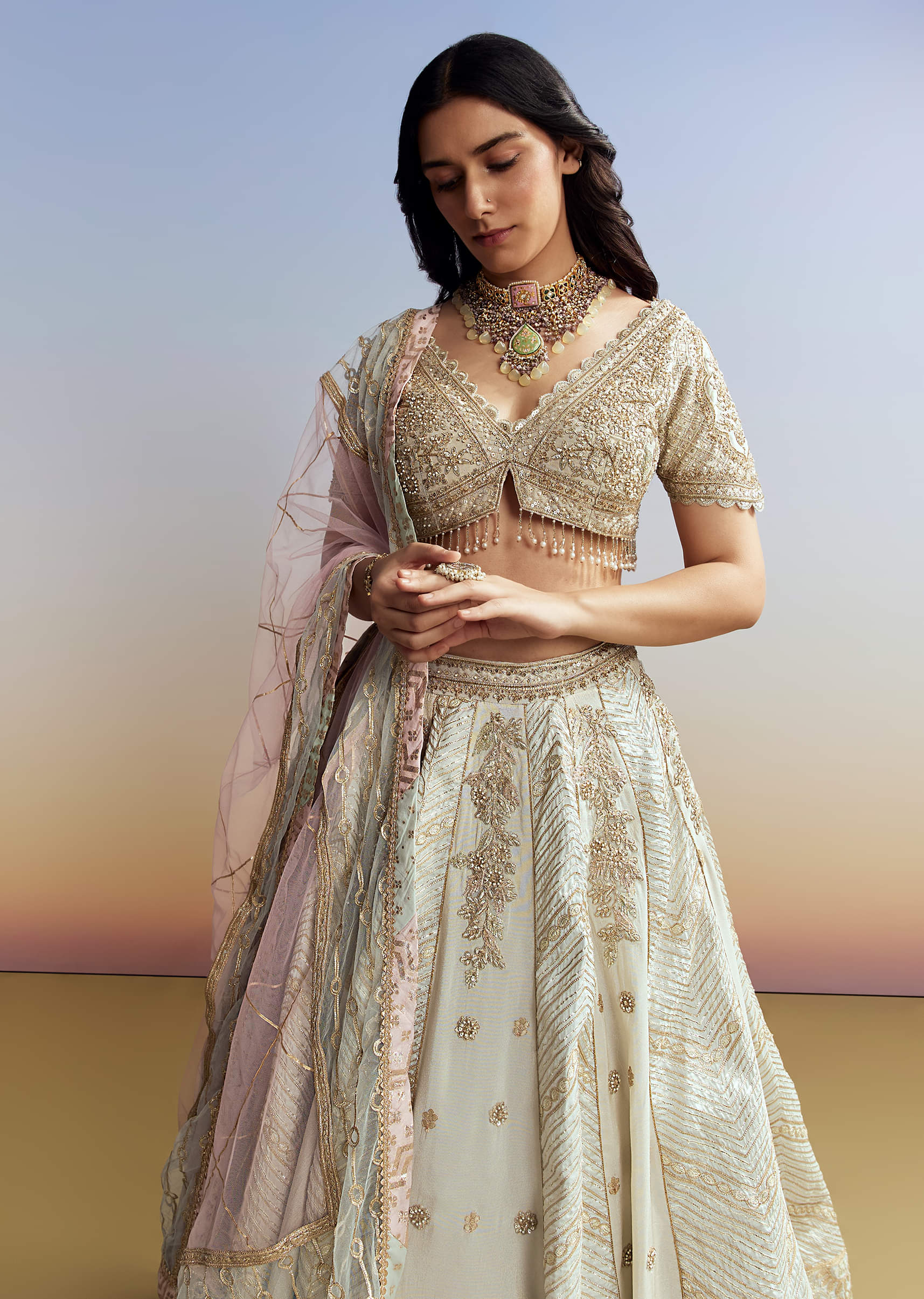 Mint Blue Tissue Embroidered Bridesmaid Lehenga - Image 4