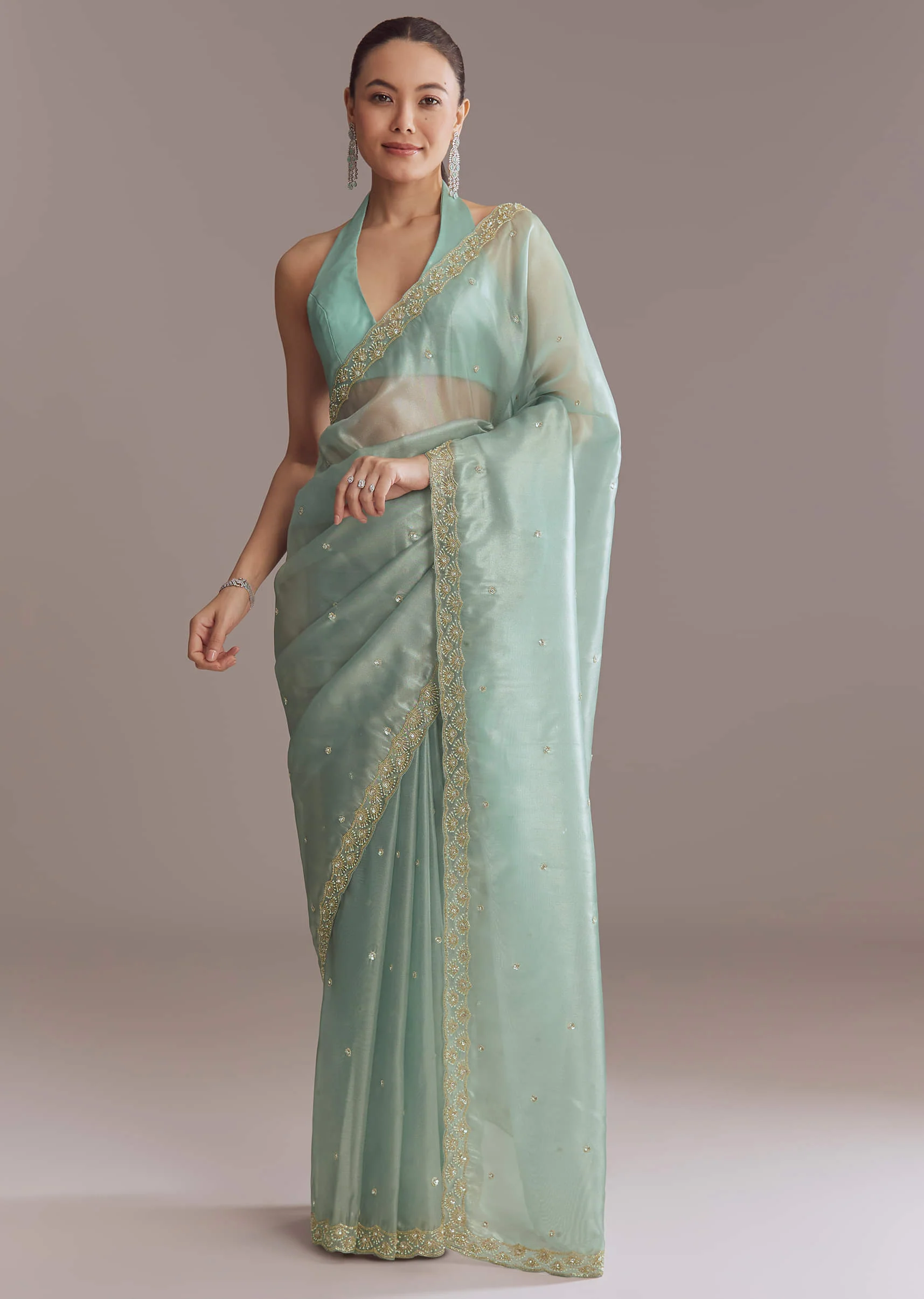 Mint Blue Tissue Saree With Sequin And Bead Embroidery - Image 2