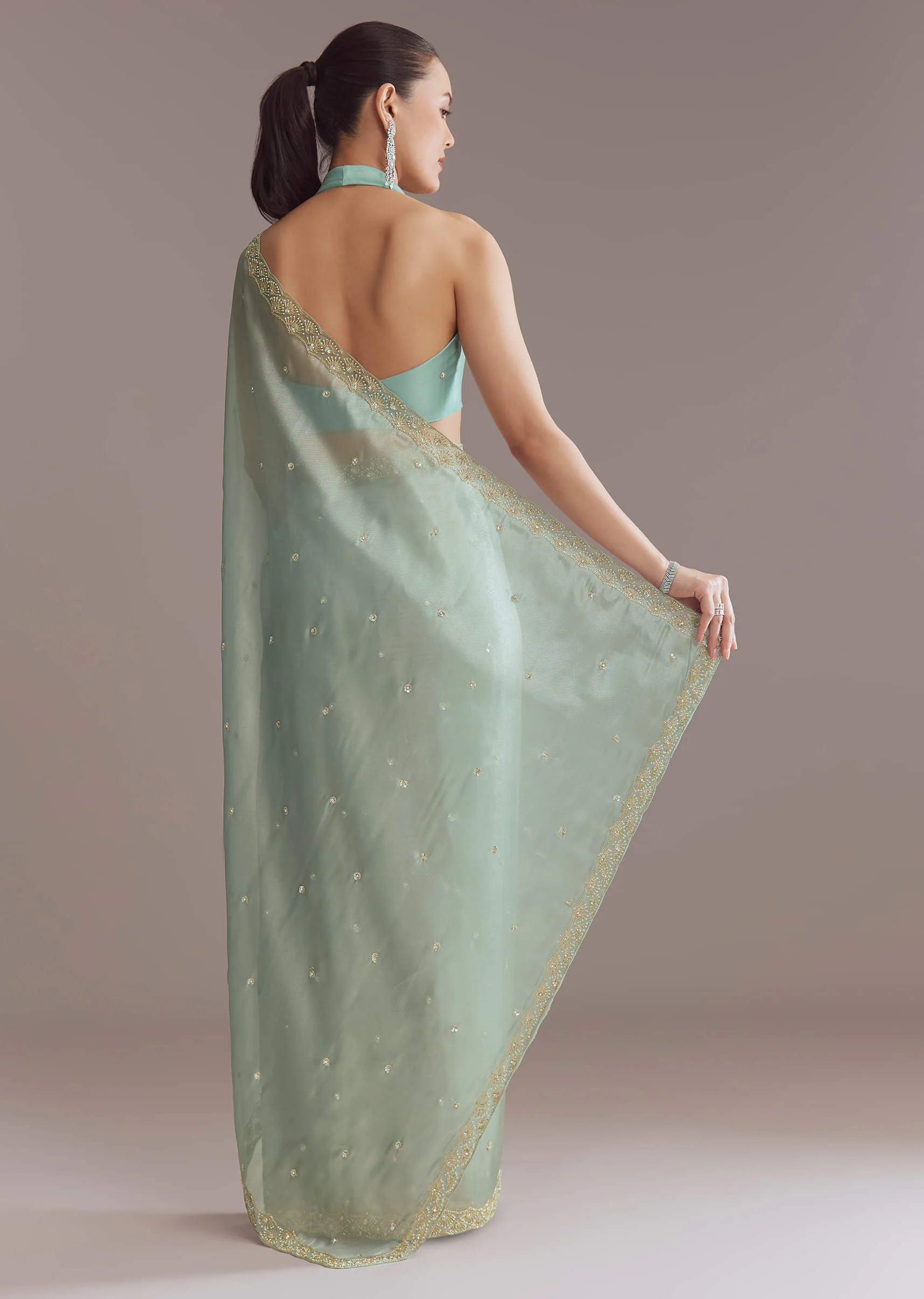 Mint Blue Tissue Saree With Sequin And Bead Embroidery - Image 3