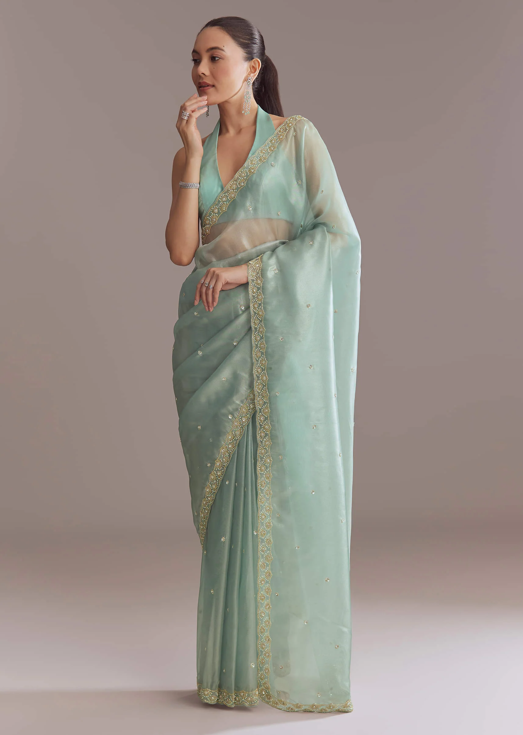Mint Blue Tissue Saree With Sequin And Bead Embroidery - Image 4
