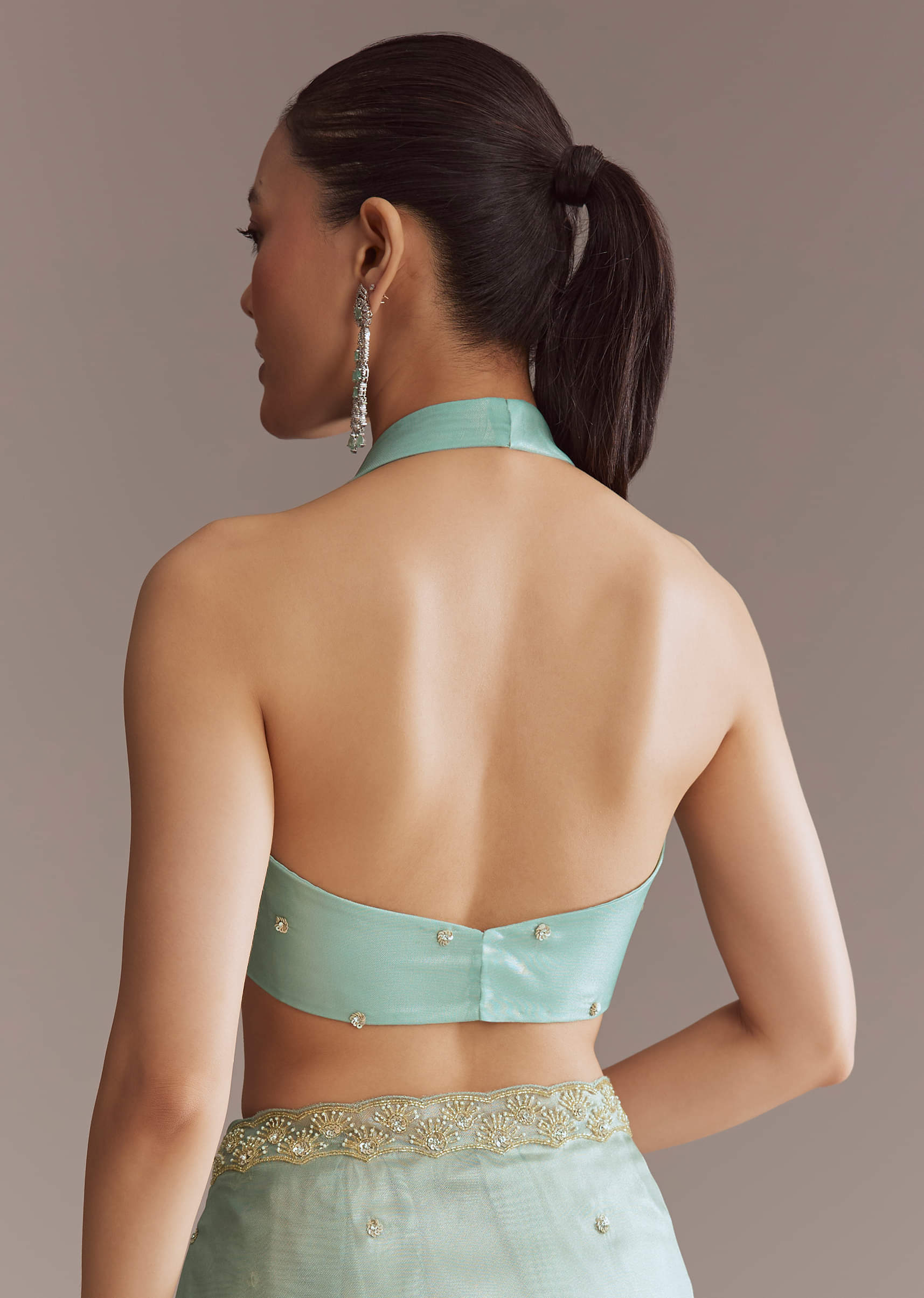Mint Blue Tissue Saree With Sequin And Bead Embroidery - Image 7