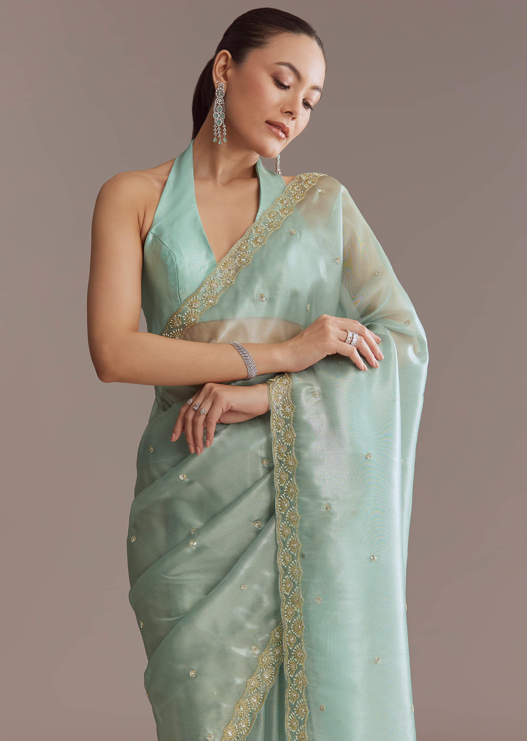 Mint Blue Tissue Saree With Sequin And Bead Embroidery - Image 9