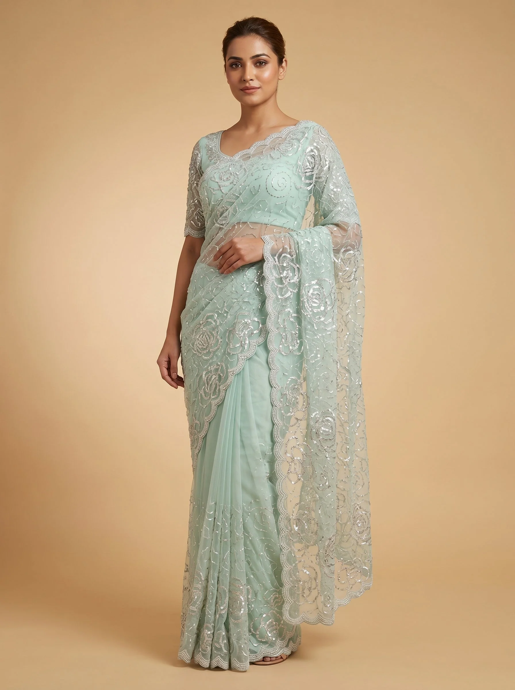 Mint Fresh Dew Embroidered Saree