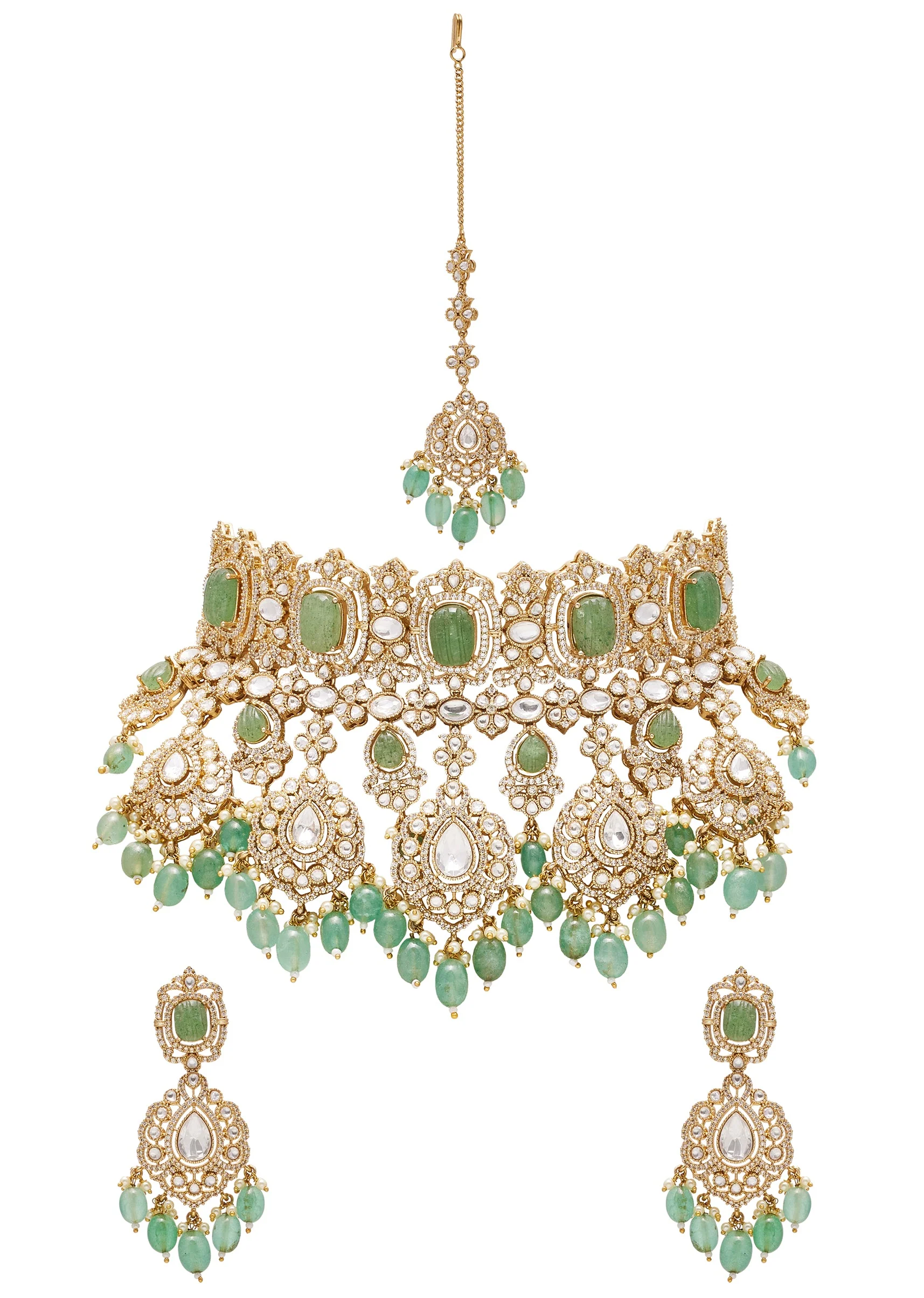 Mint Green And Gold Stone Necklace Set With Maangtikka - Image 2