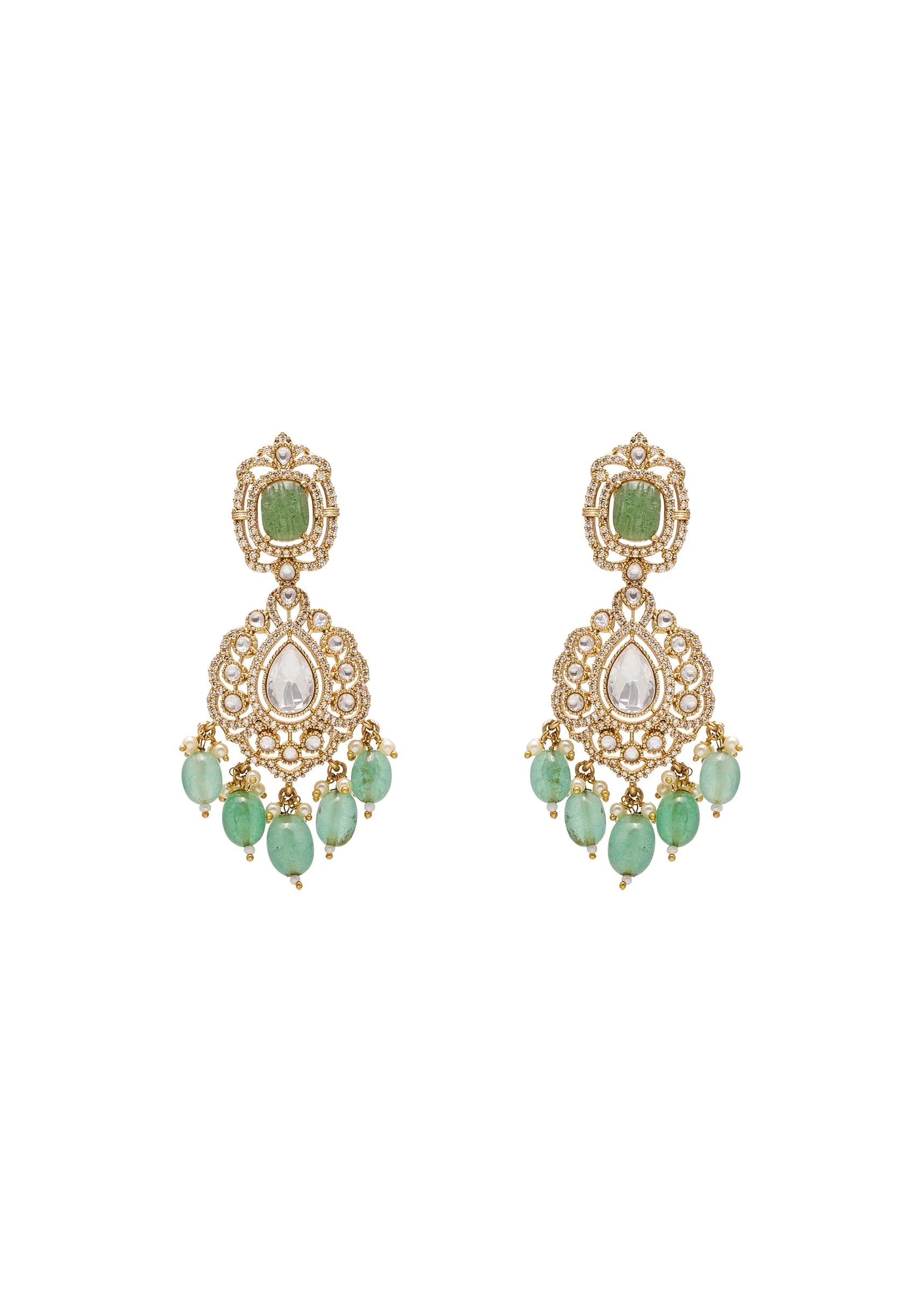 Mint Green And Gold Stone Necklace Set With Maangtikka - Image 4