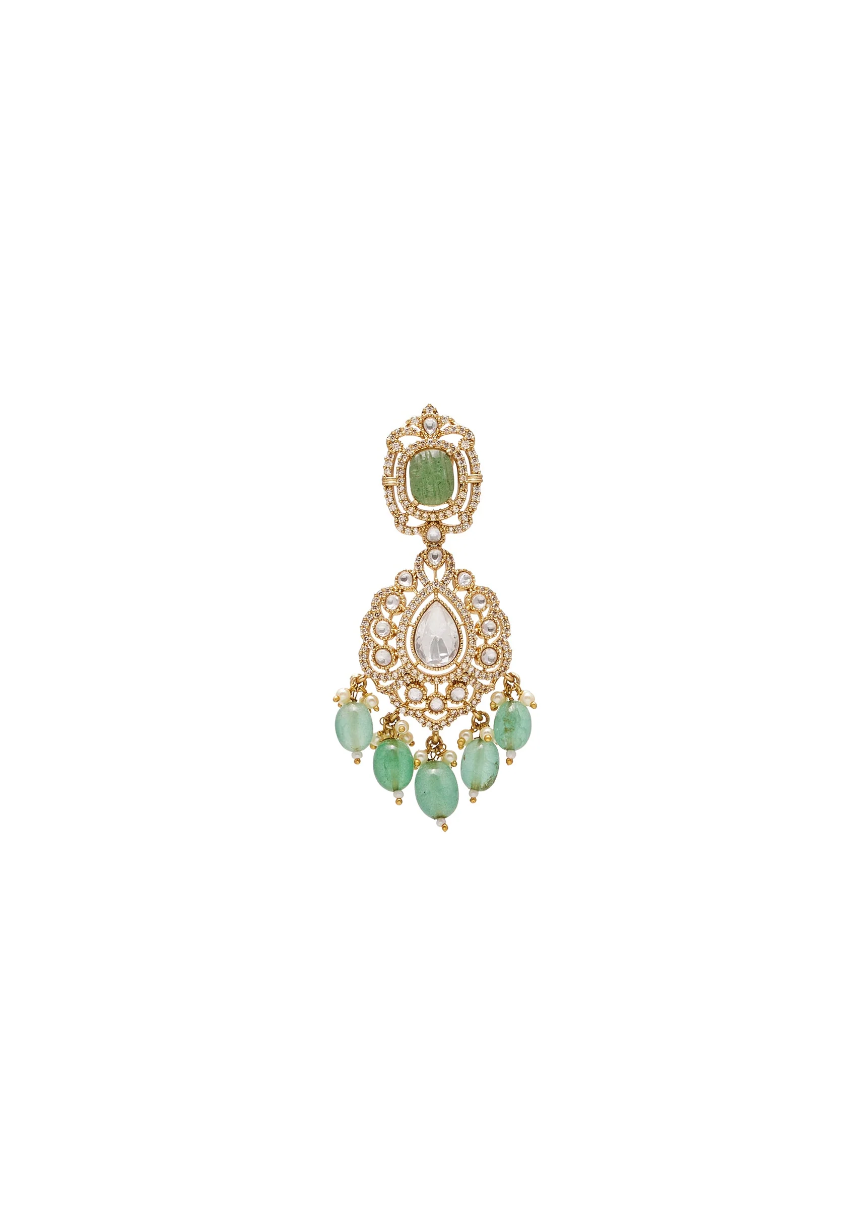 Mint Green And Gold Stone Necklace Set With Maangtikka - Image 5