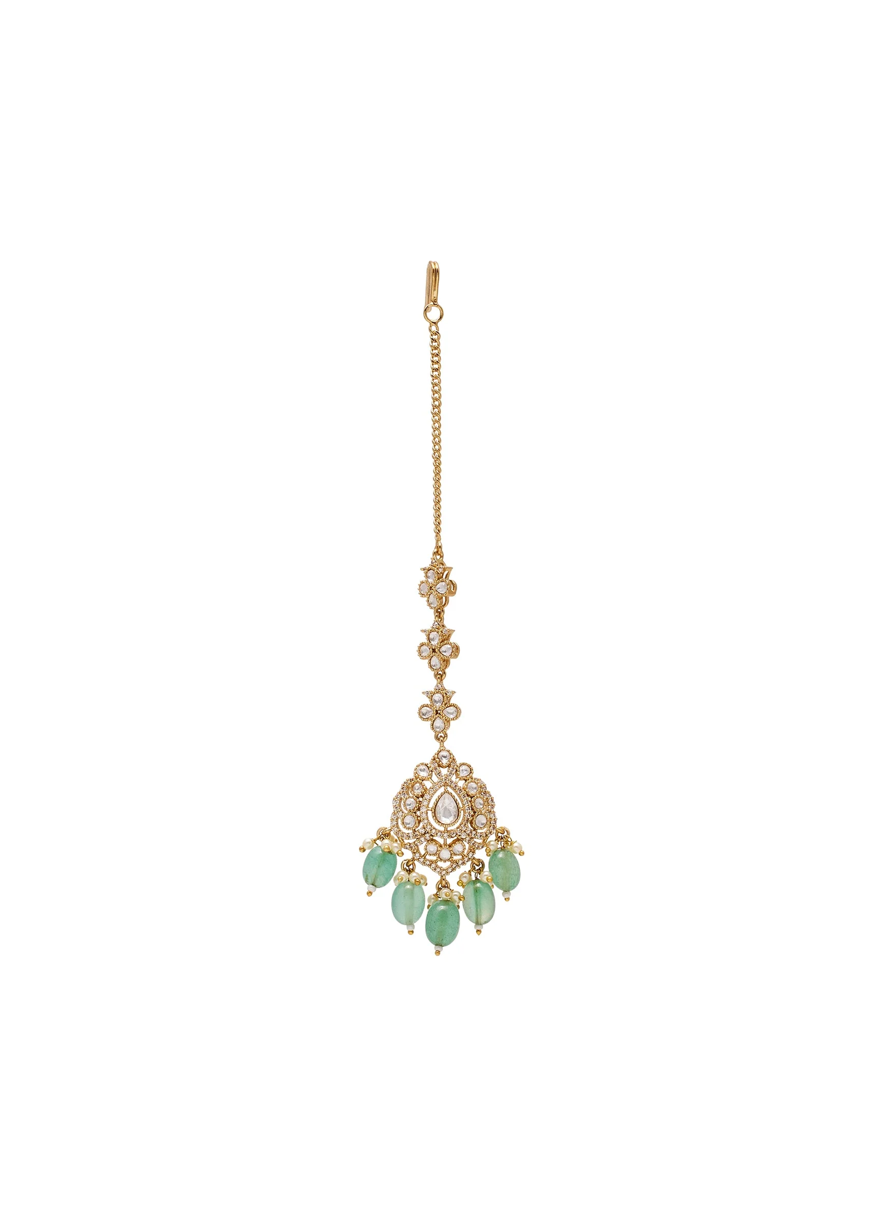Mint Green And Gold Stone Necklace Set With Maangtikka - Image 6