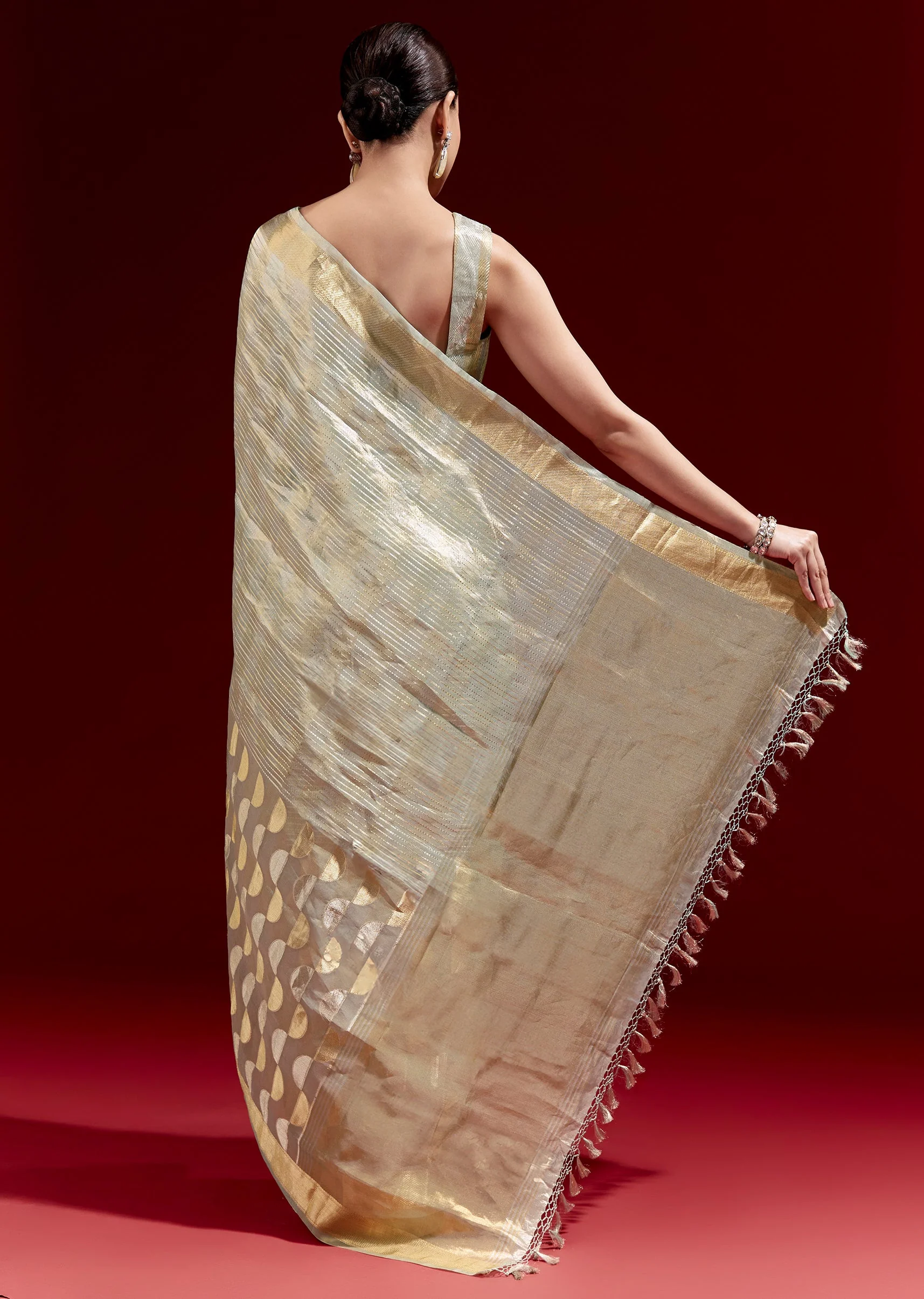 Mint Green Banarasi Tissue Saree With Golden Zari Geometric Weave And Embroidered Belt - Image 4