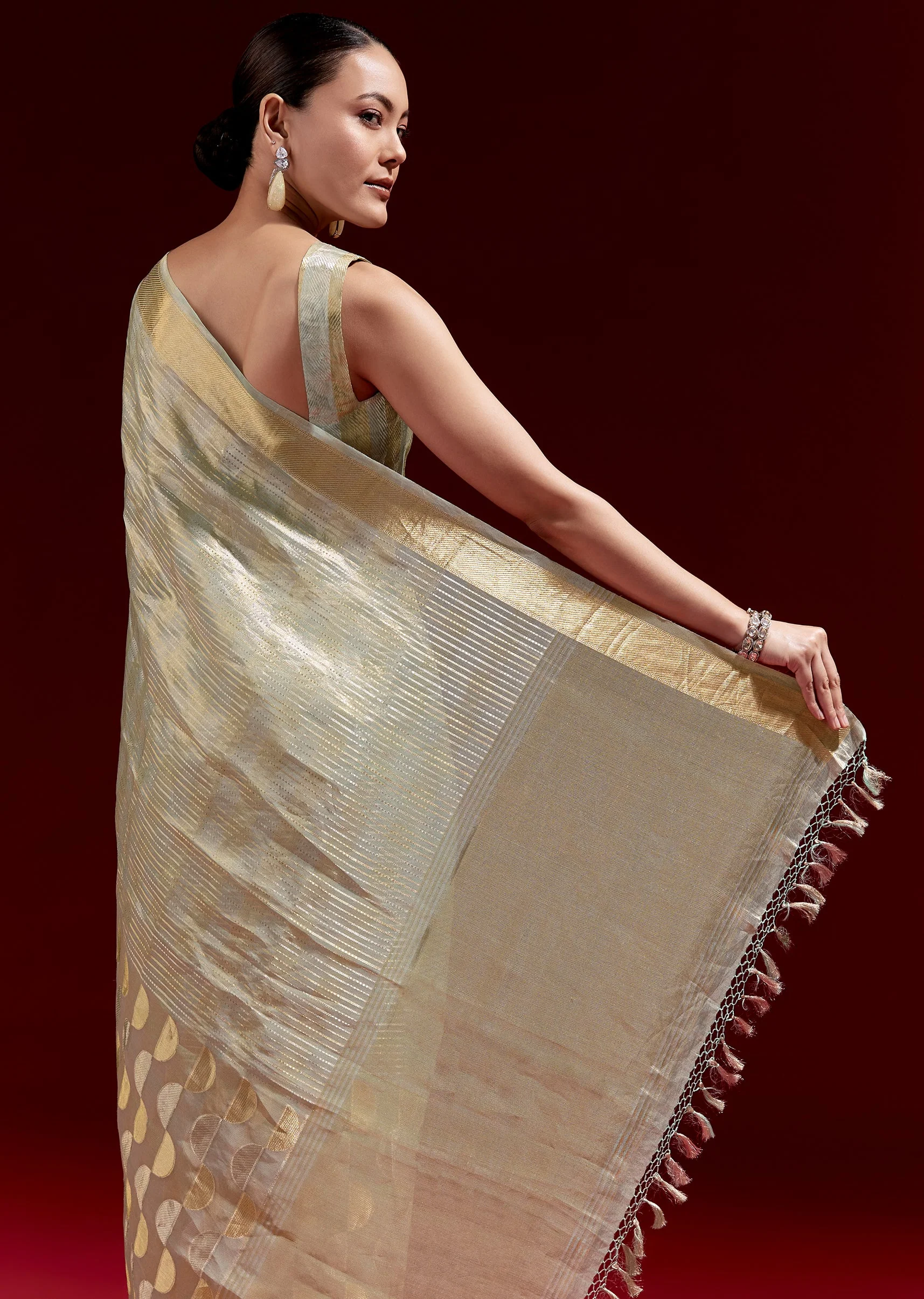 Mint Green Banarasi Tissue Saree With Golden Zari Geometric Weave And Embroidered Belt - Image 6