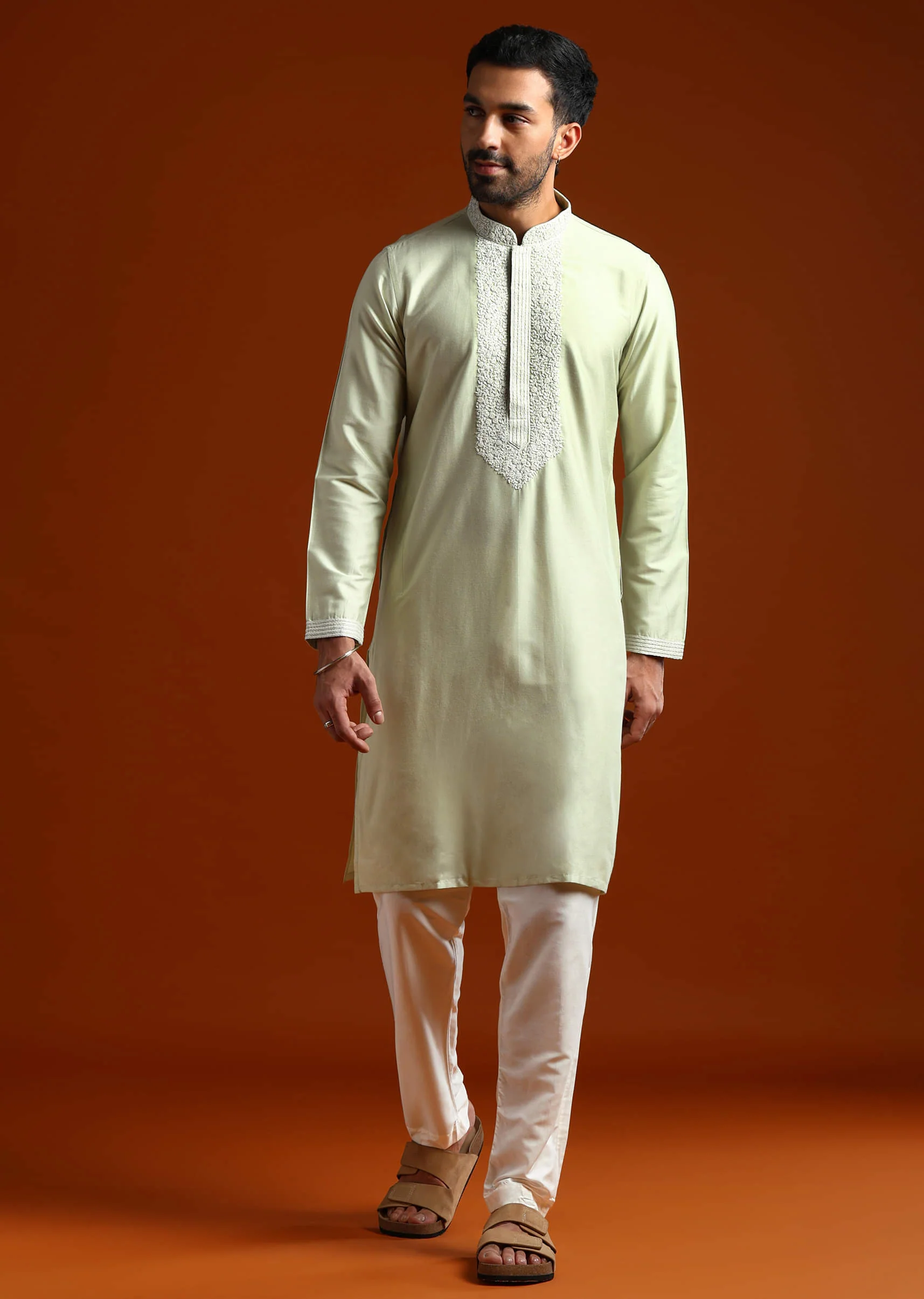 Mint Green Chanderi Kurta Set For Men With Kashmiri Embroidery - Image 2