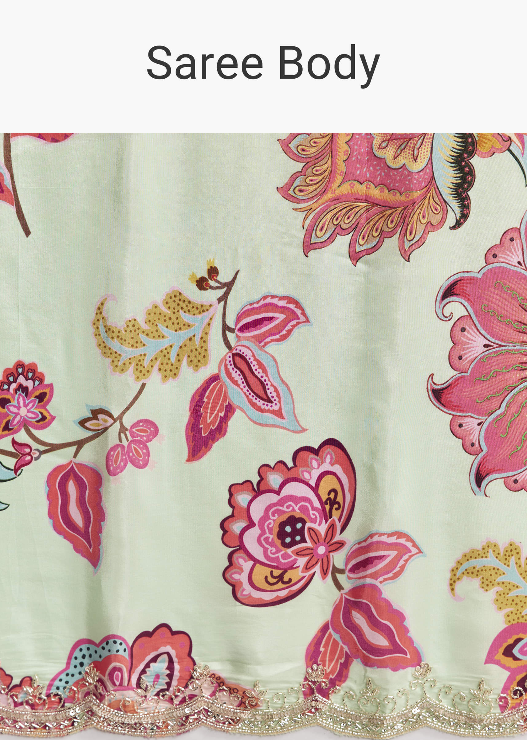 Mint Green Crepe Saree With Embroidered Scallop Border - Image 8