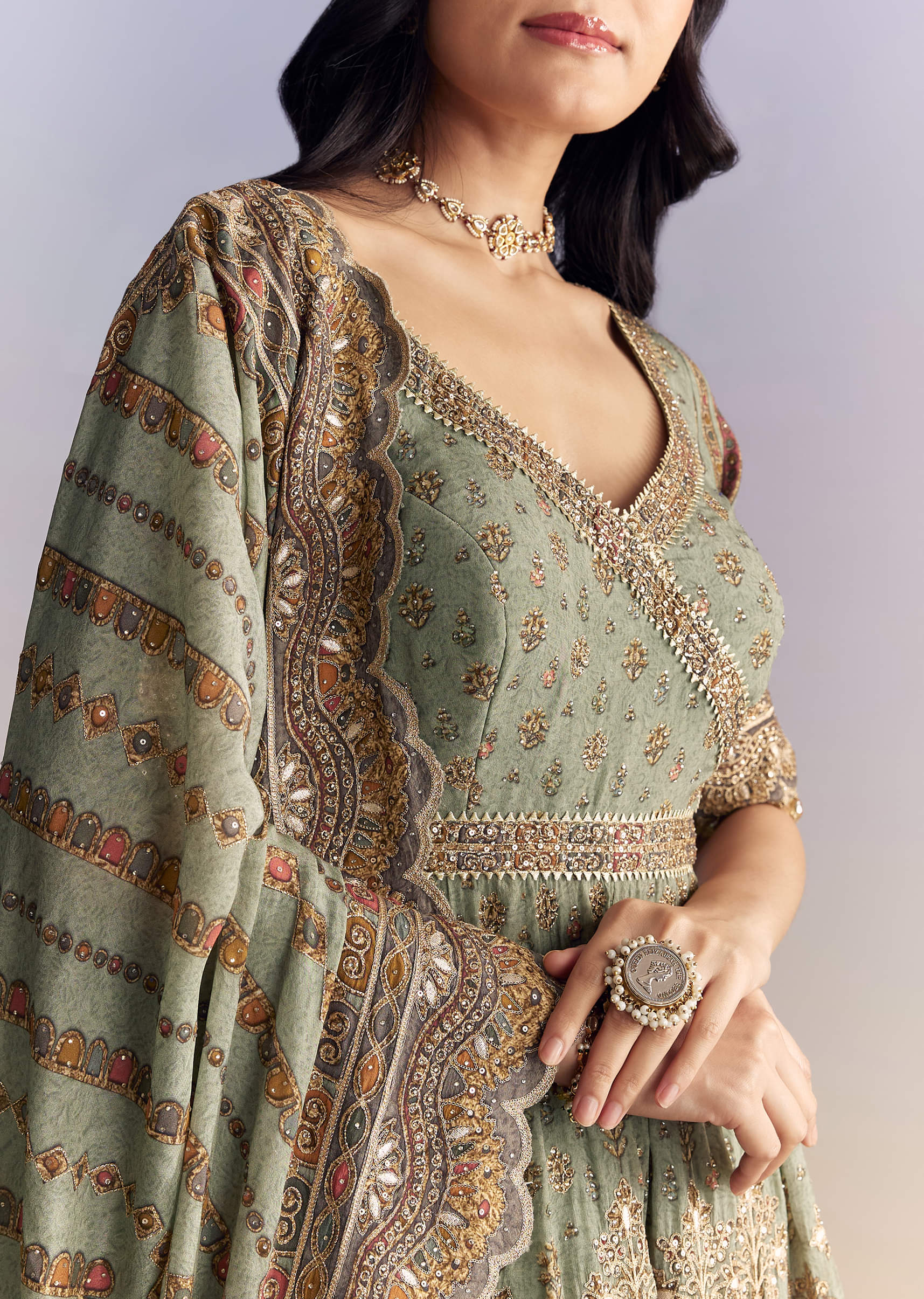 Mint Green Crepe Sharara Suit With Indie Print And Stone Work - Image 2