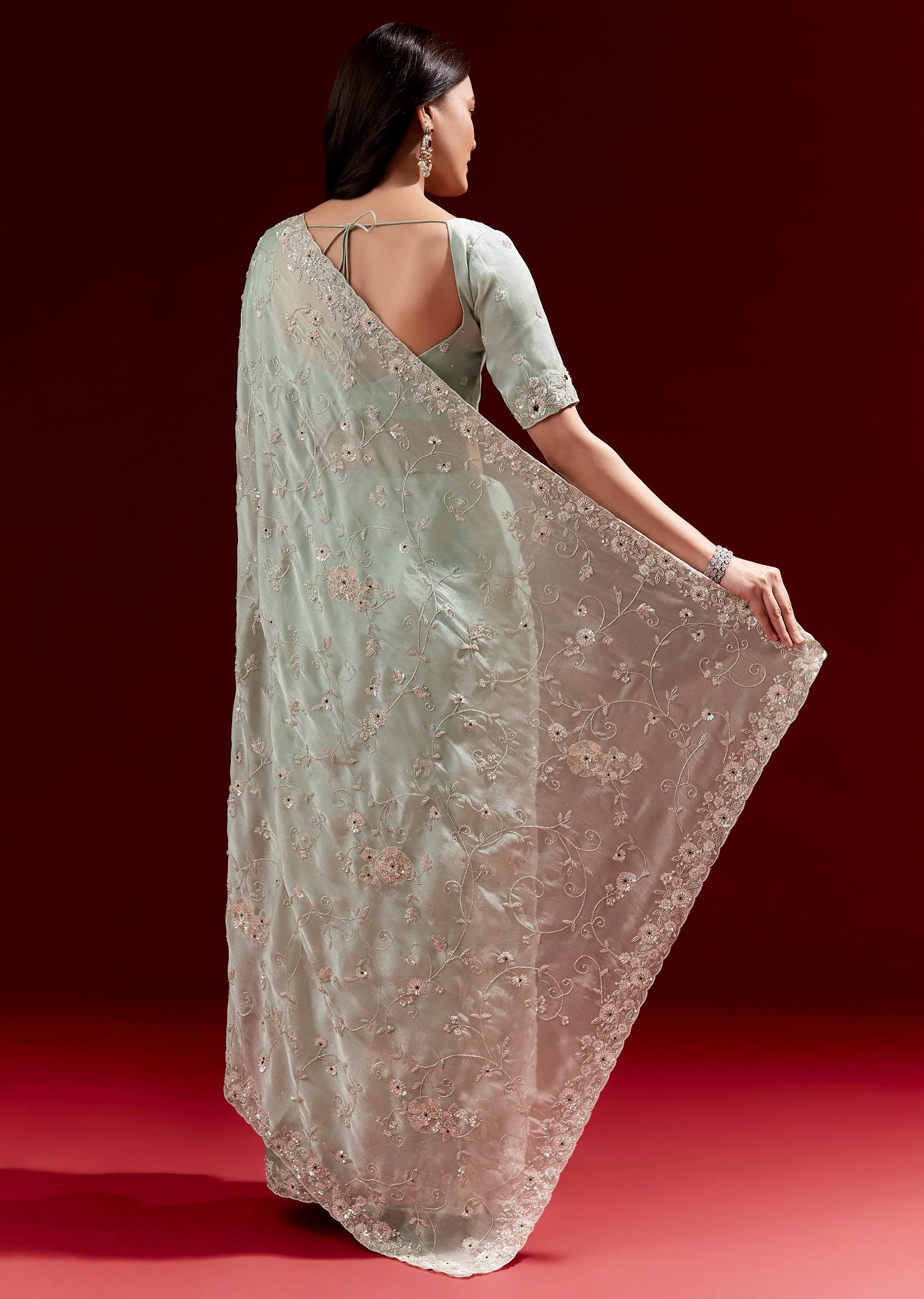 Mint Green Crepe Silk Saree With Heavy Floral Jaal Embroidery - Image 4